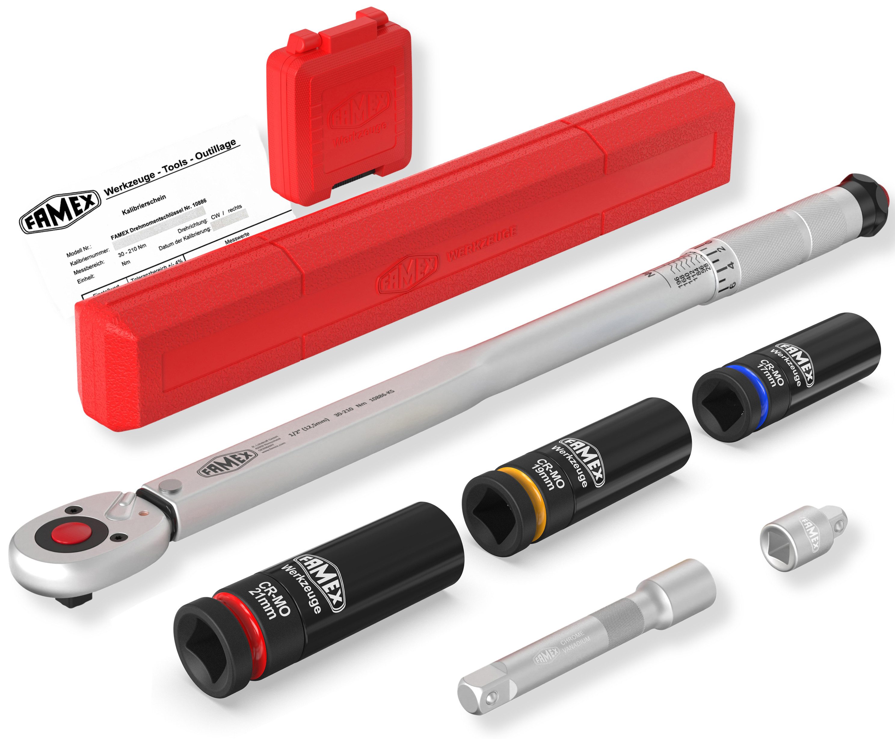 FAMEX Drehmomentschlüssel 10886-3N-KS Drehmomentschlüssel Set 1/2 Zoll (12,5mm) (4% Genauigkeit, 6 St), mit Kalibrierschein