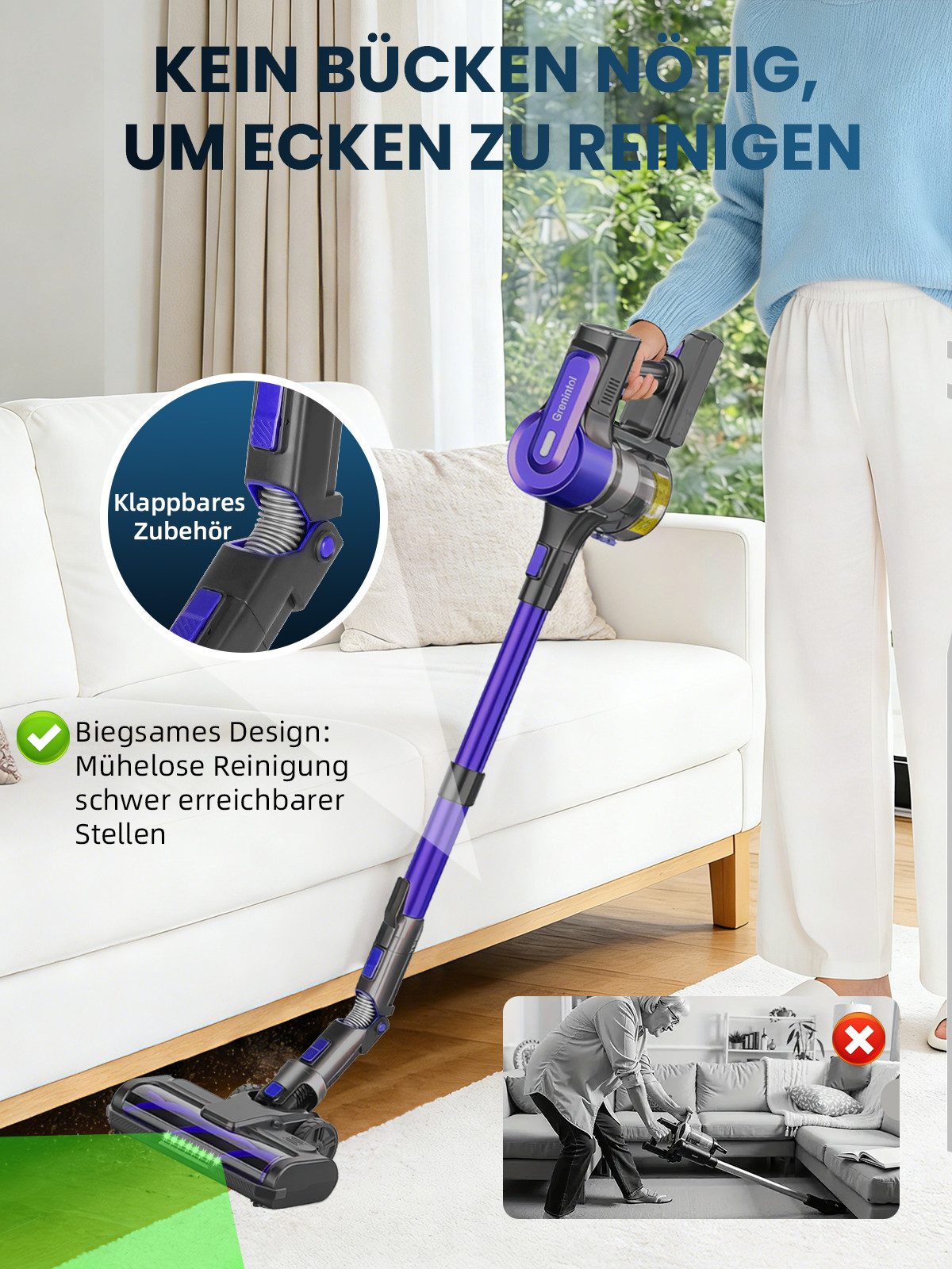 Grenintol Akku-Hand-und Stielstaubsauger Akku Staubsauger 75000Pa/500W/60min Staubsauger Kabellos, 500 W, beutellos, 1.2L Staubbehälter, LED-Bodenbürste, 8-in-1, Mit HEPA