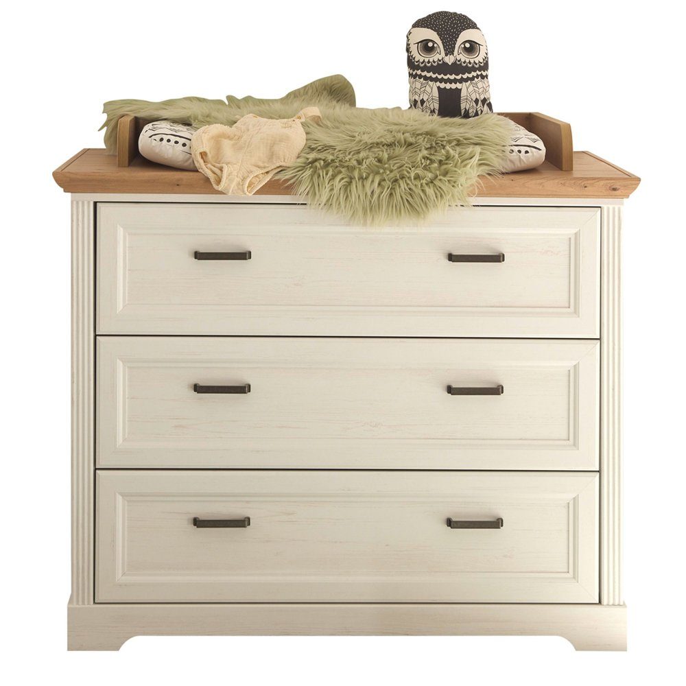 Lomadox Wickeltisch JASPER-78, Anderson Pine Nb. weiß, Eiche Nb.,umbaubar zur Kommode, 3 Schubkästen