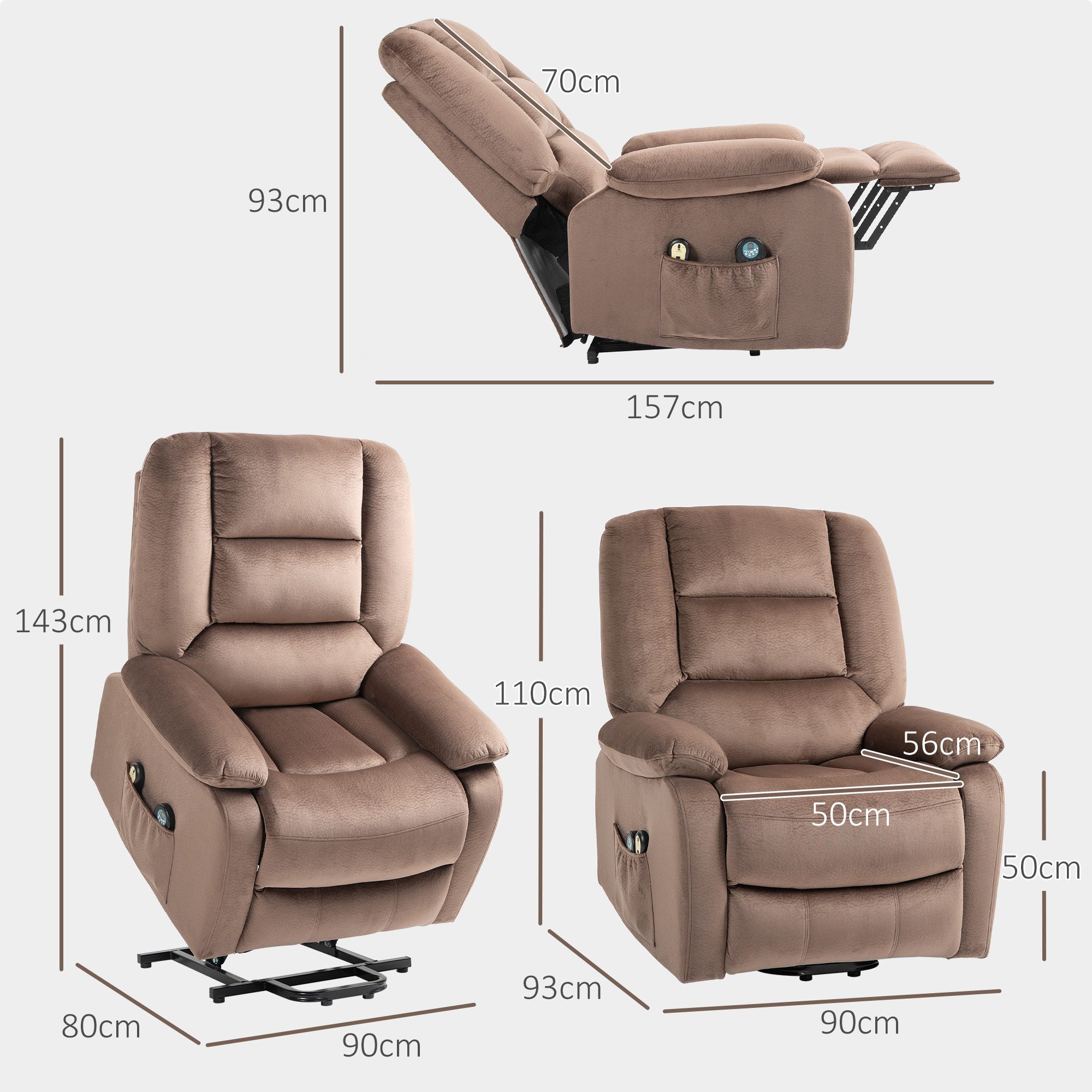 HOMCOM Relaxsessel Aufstehhilfe Elektrisch Fußteil Samtoptik (TV Sessel, 1-St., Relaxsessel), für Wohnzimmer, Schlafzimmer, Braun – Bild 3 von 5