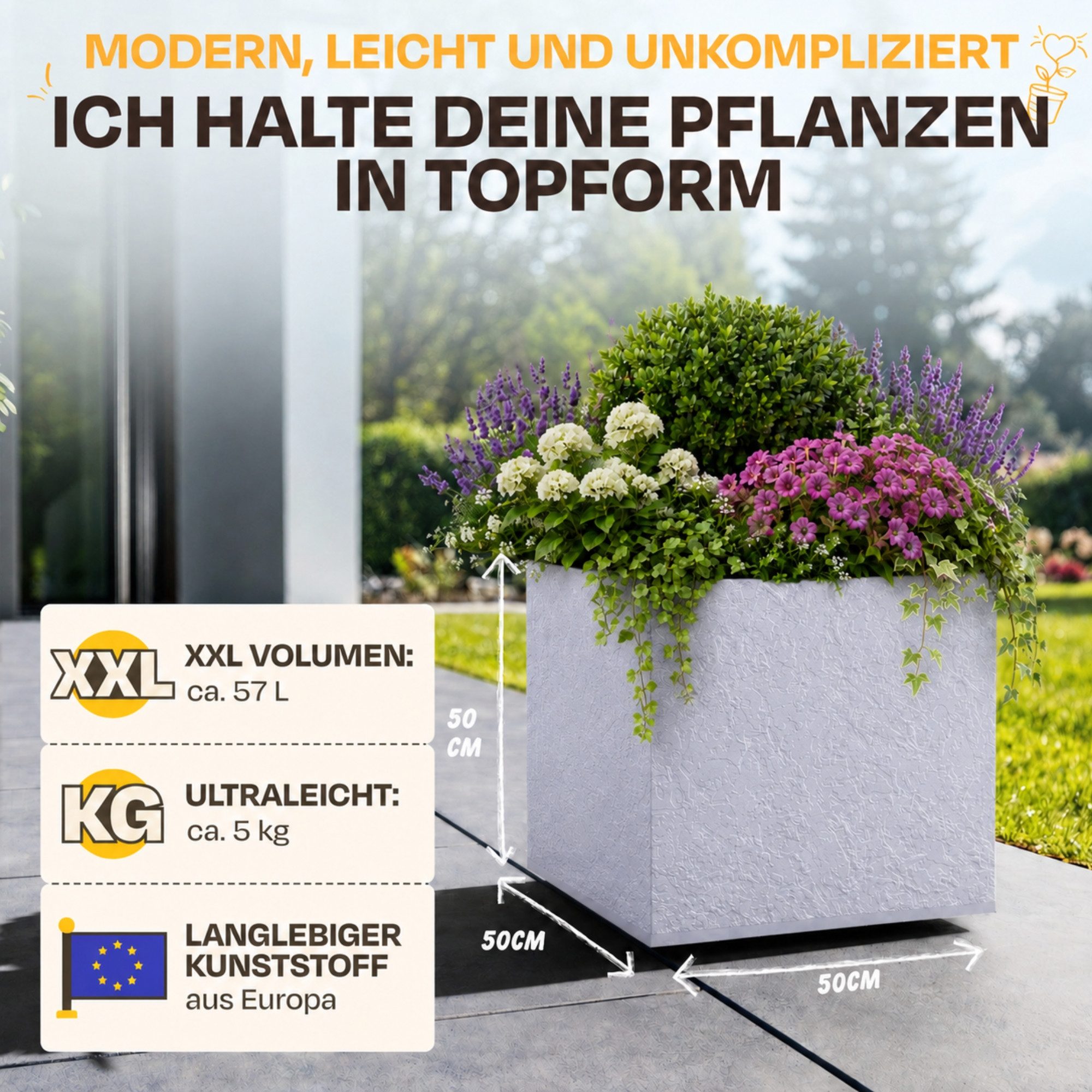 ONDIS24 Blumenkasten Ondis24 Pflanzkübel Vulkan Pierre 50 (1 St), 50x50x50 cm, in Vulkanstein/Basalt-Optik mit Wasserspeicher – Bild 2 von 5