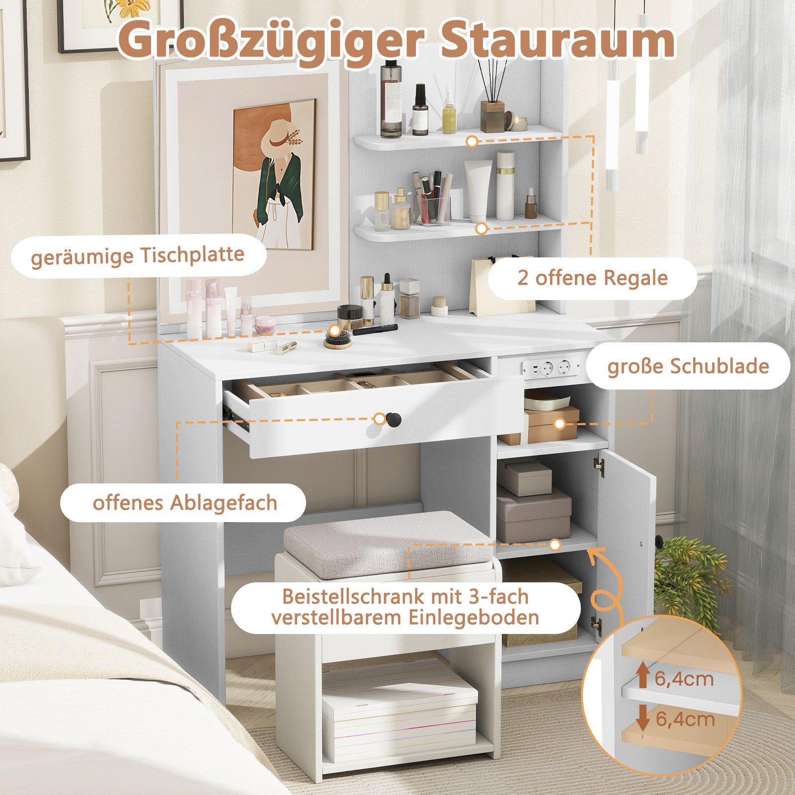 COSTWAY Schminktisch (1-St), Frisiertisch, mit Hocker, Steckdosen, LED Spie günstig online kaufen