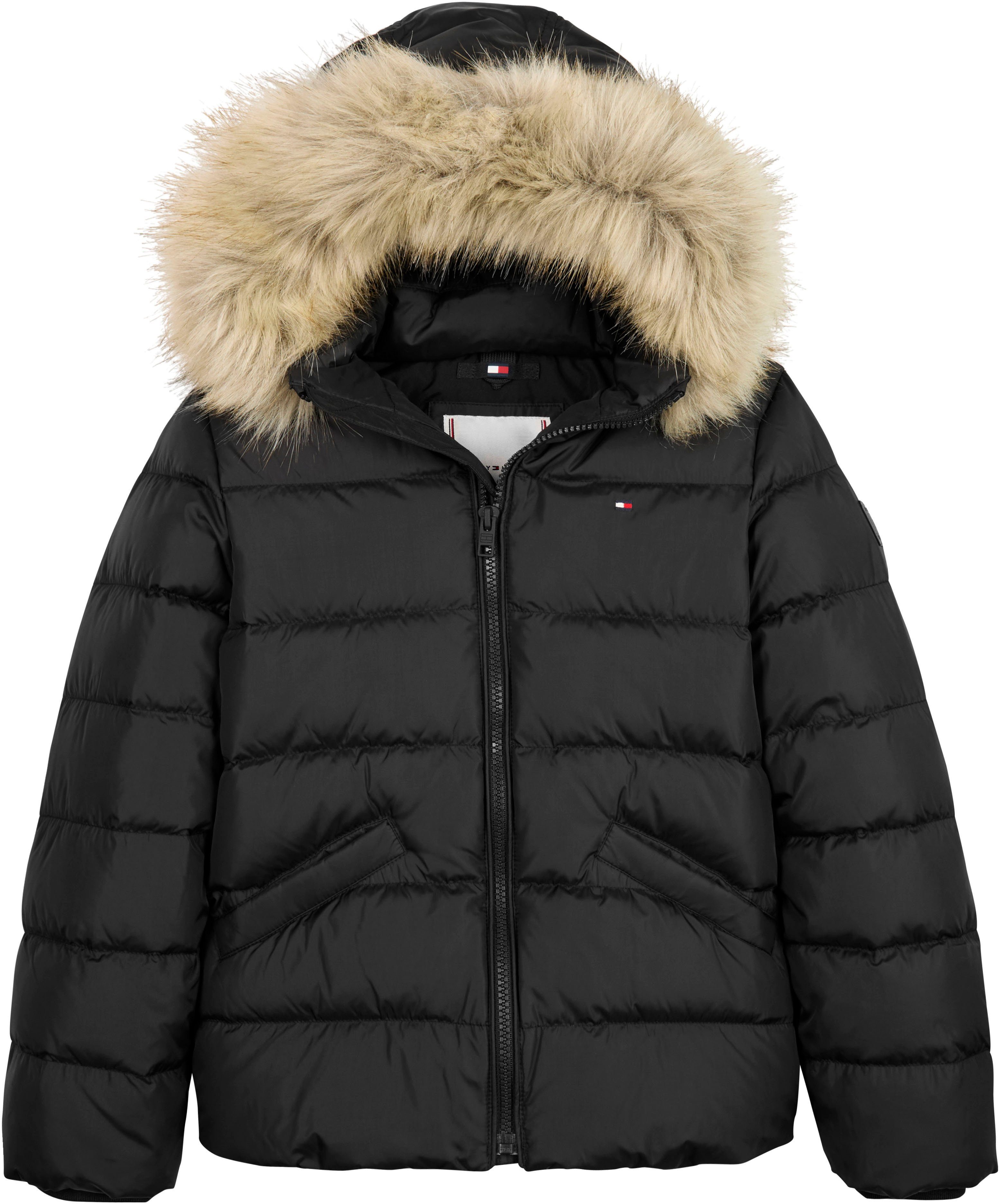 Tommy Hilfiger Daunenjacke ESSENTIAL DOWN Fellimitat Kapuze JACKET an FUR der mit black HOOD