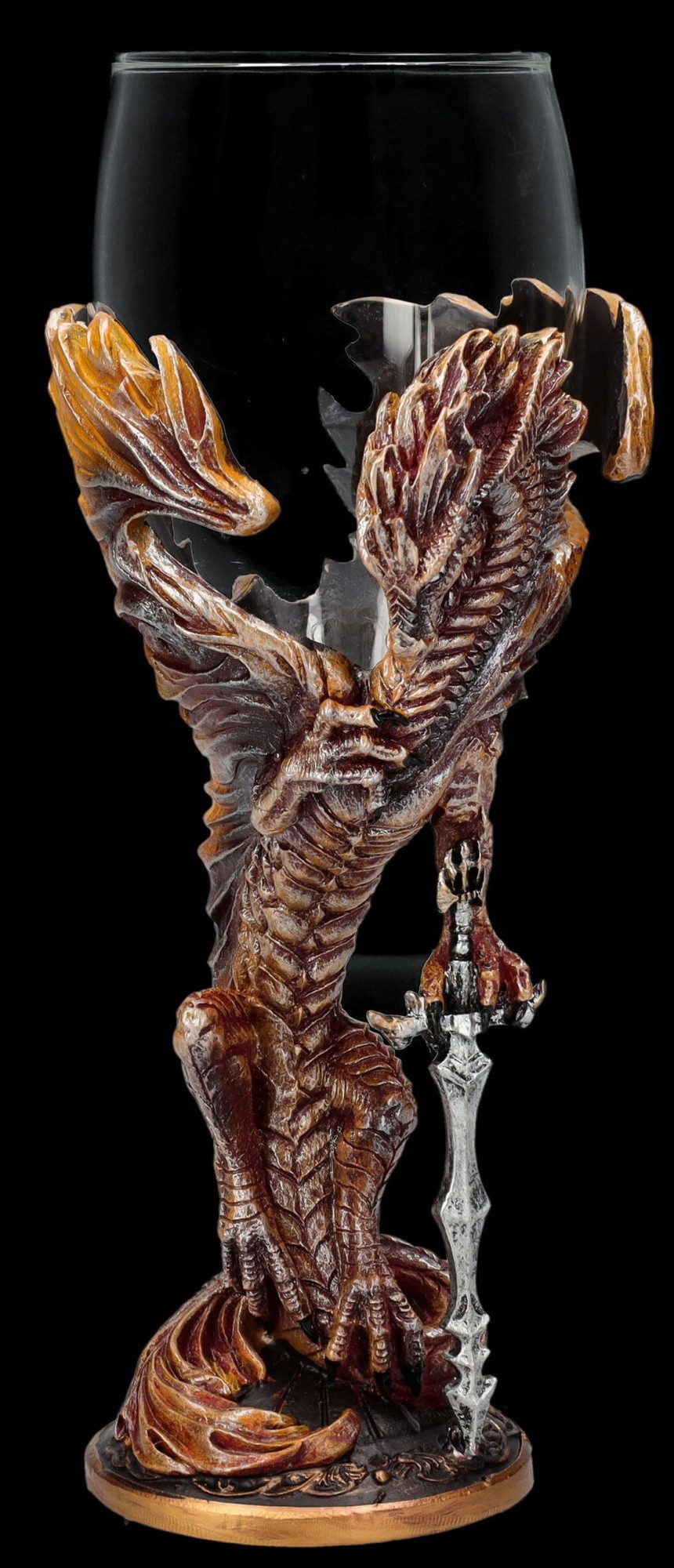 Figuren Shop GmbH Becher Glas Kelch Drache - Flame Blade - Fantasy Dekoration Drachenfigur Deko, Kunststein (Polyresin), Glas