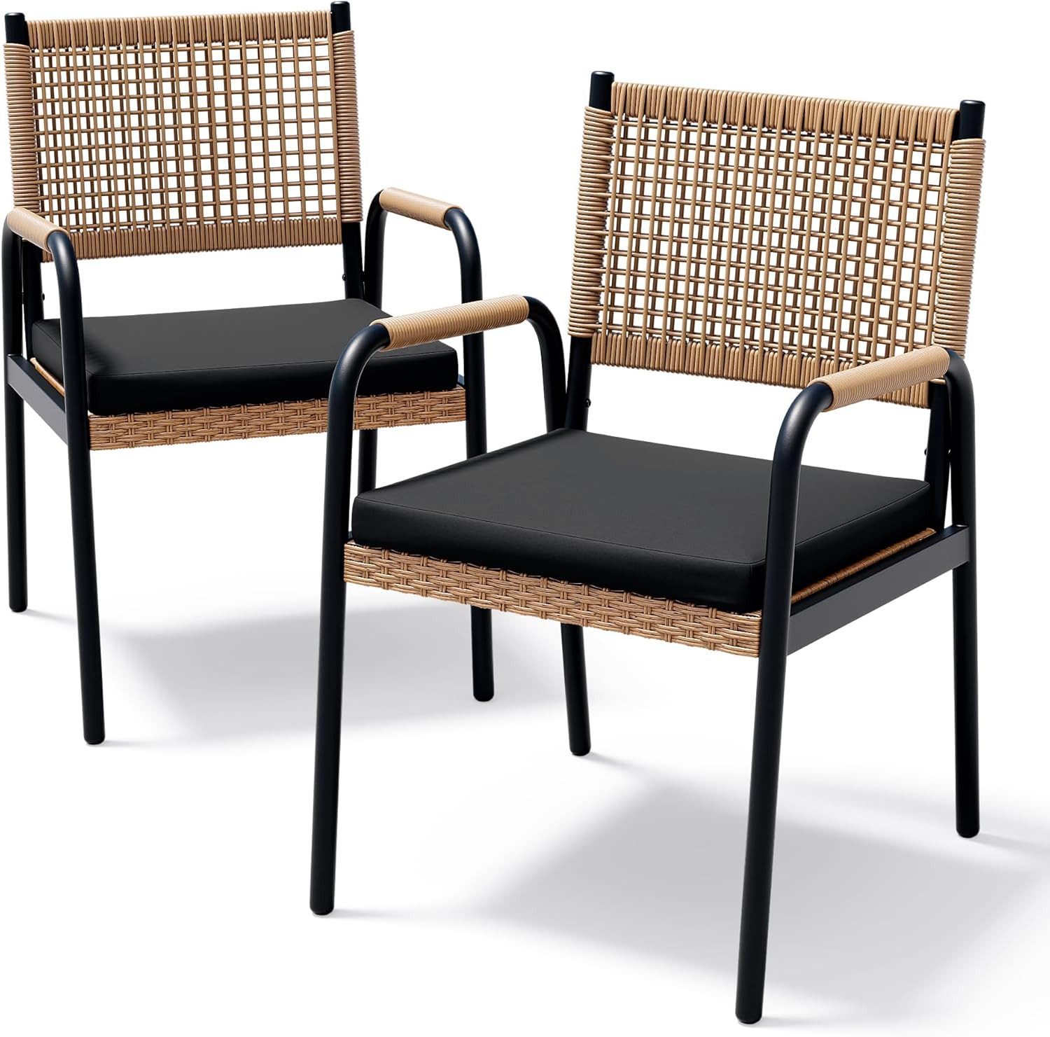 GarveeMore Gartenstuhl Rattan mit Metallgestell für Terrasse,Garten,Veranda,Balkon (4 St), Gartenstühle mit Kissen,Esszimmerstühle,Loungestühle,Rattanstuhl