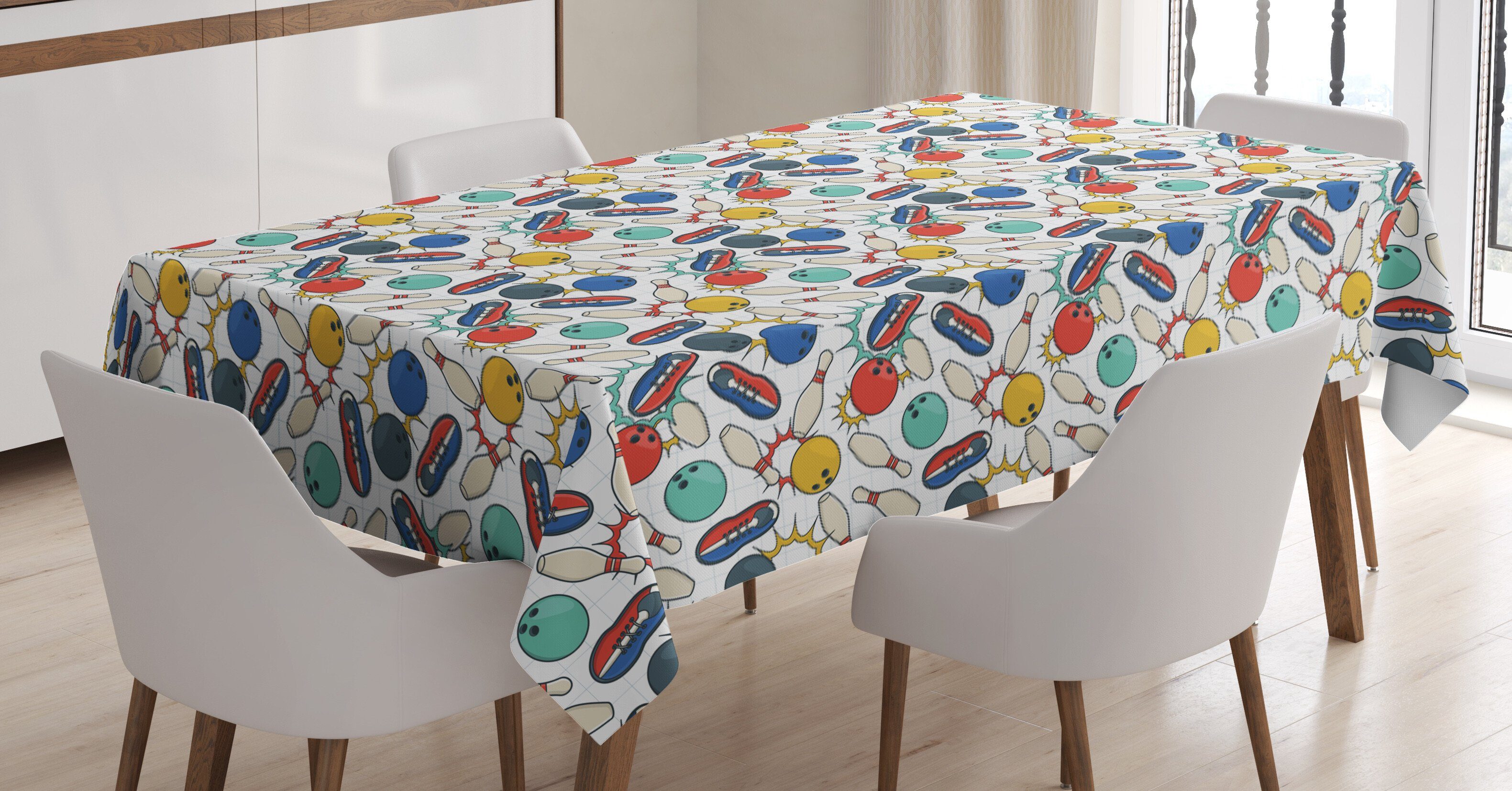 Abakuhaus Tischdecke Farbfest Waschbar Für den Außen Bereich geeignet Klare Farben, Bowling Farbe Doodle Retro | Tischdecken