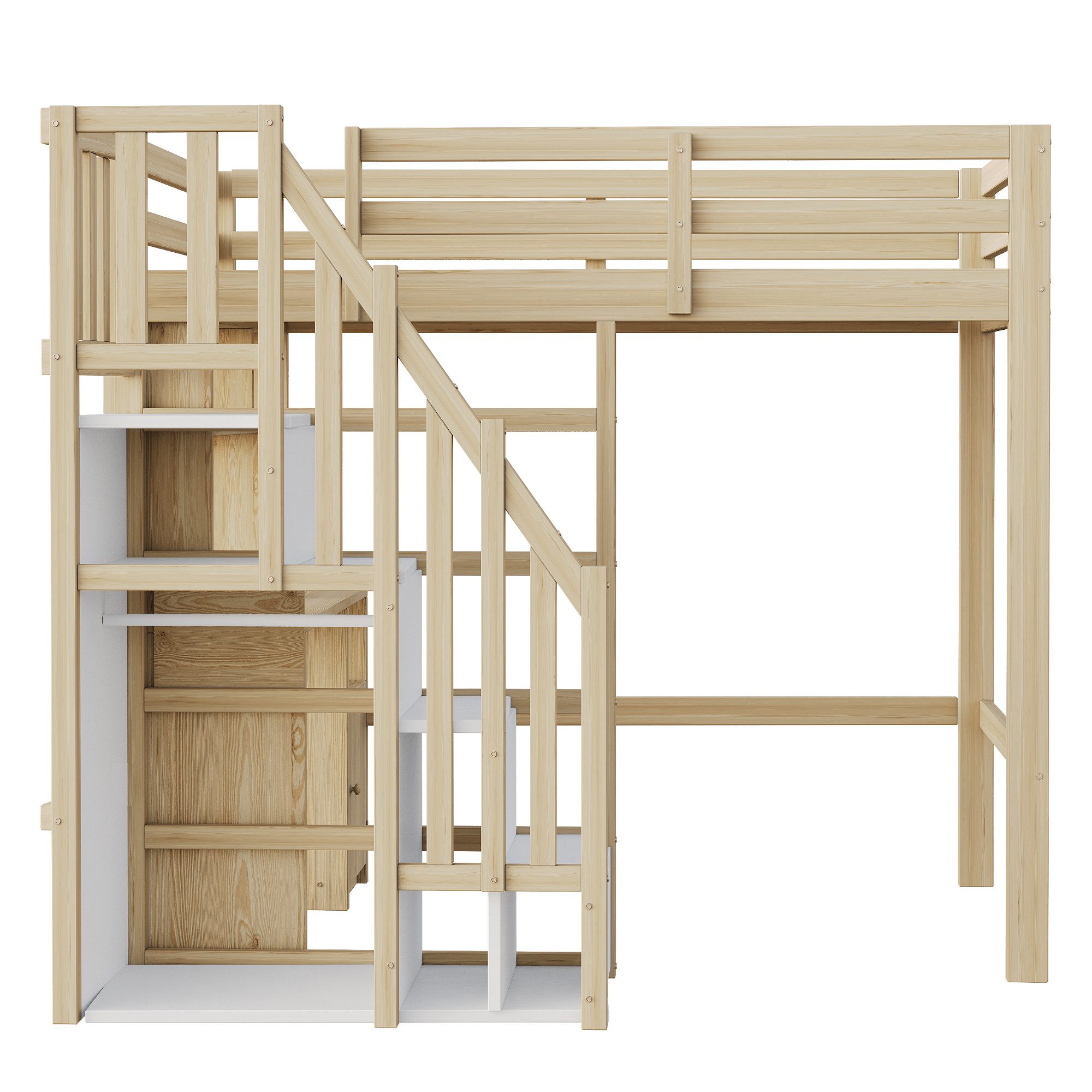 Flieks Hochbett Kinderbett 90x200cm mit Stauraumtreppe, Schreibtisch und Regal