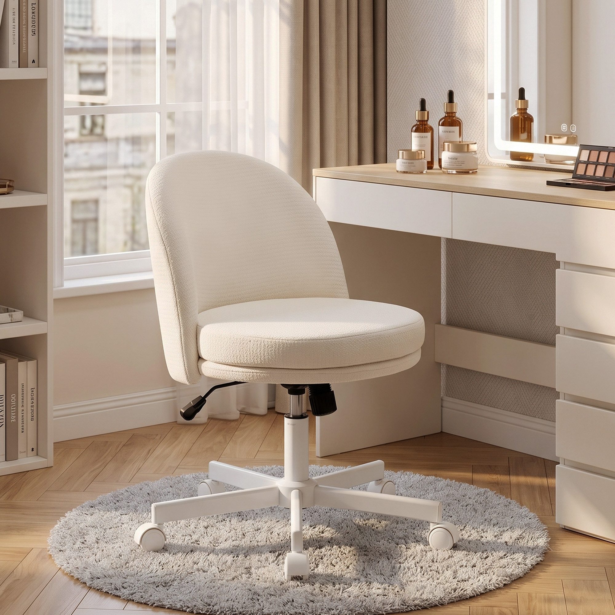 HOMCOM Bürostuhl Homeoffice Stuhl Schreibtischstuhl mit Chenille-Optik, Wippfunktion (Höhenverstellbar Drehstuhl, 1 St), bis 120 kg belastbar für Arbeitszimmer Schlafzimmer Creme