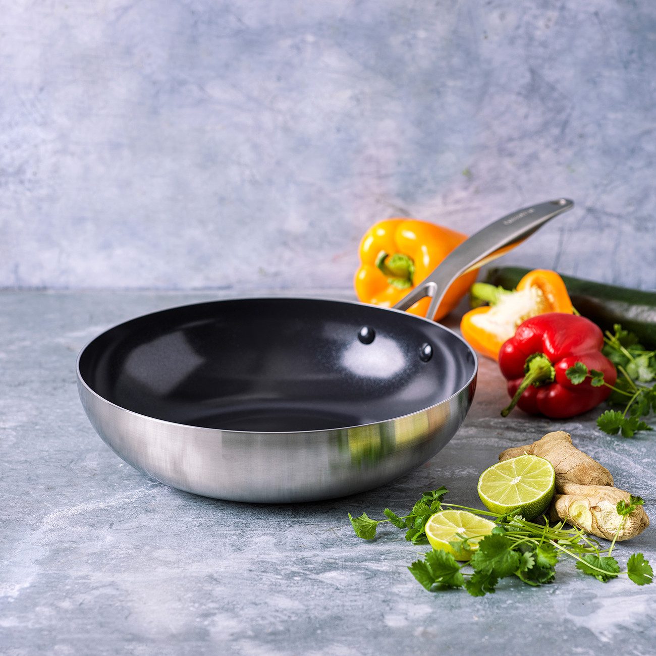 GREENPAN Wok Geneva 28 cm Wok Edelstahl langlebig Antihaft backofenfest, Edelstahl, Kratzfest, Keramik, alle Herdarten, Backofengeeignet Ø 28 cm