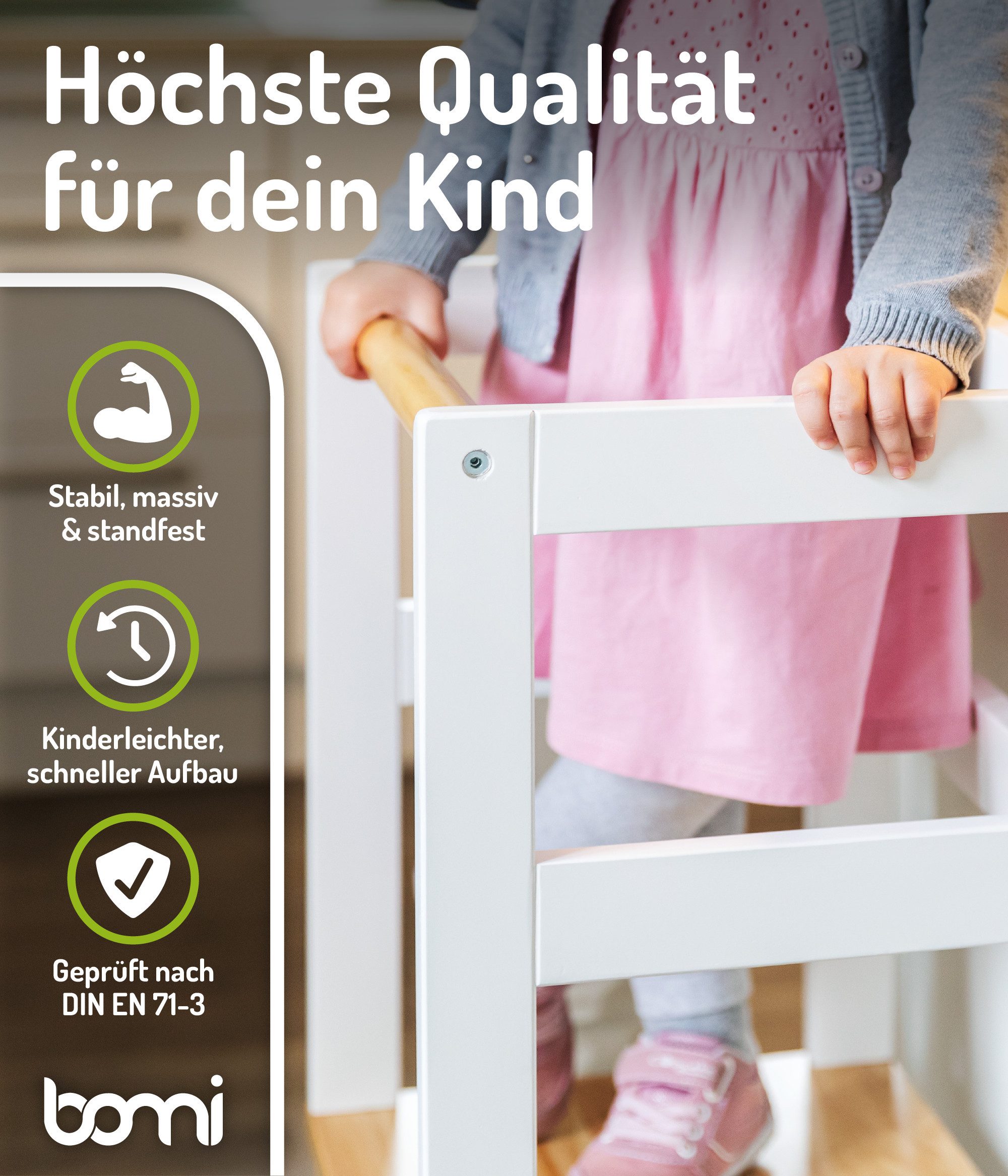 BOMI Stehhilfe Montessori Lernturm Swubi (sicherer Tritthocker, Lernturm für Kinder, 1 St), Montessori Kinder Schemel Kinderhocker aus Holz – Bild 5 von 5