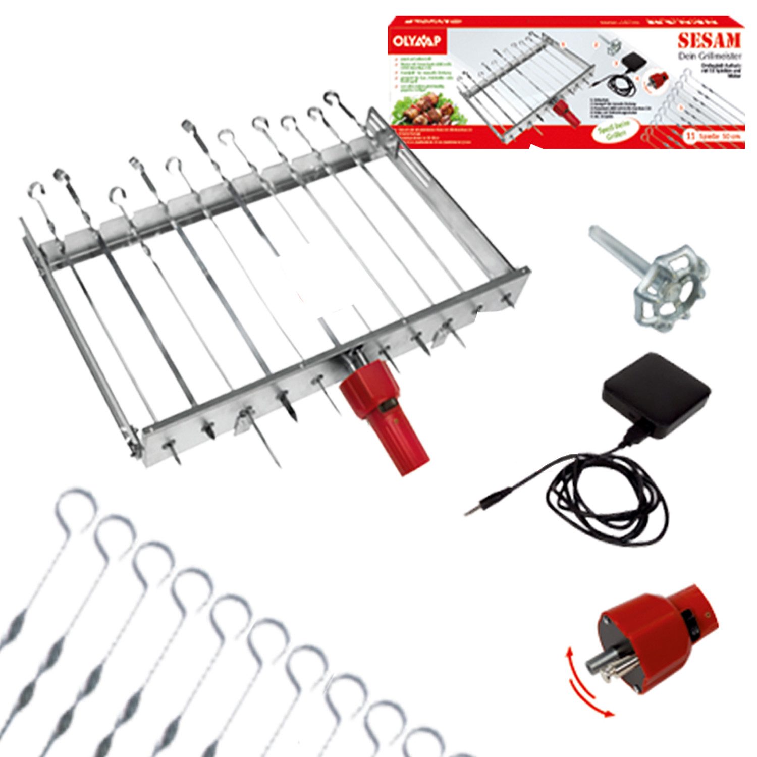 Olymp Handels GmbH Drehspieß Schaschlik Spießdreher Edelstahl Sesam für 11 Spieße Motor Powerbank