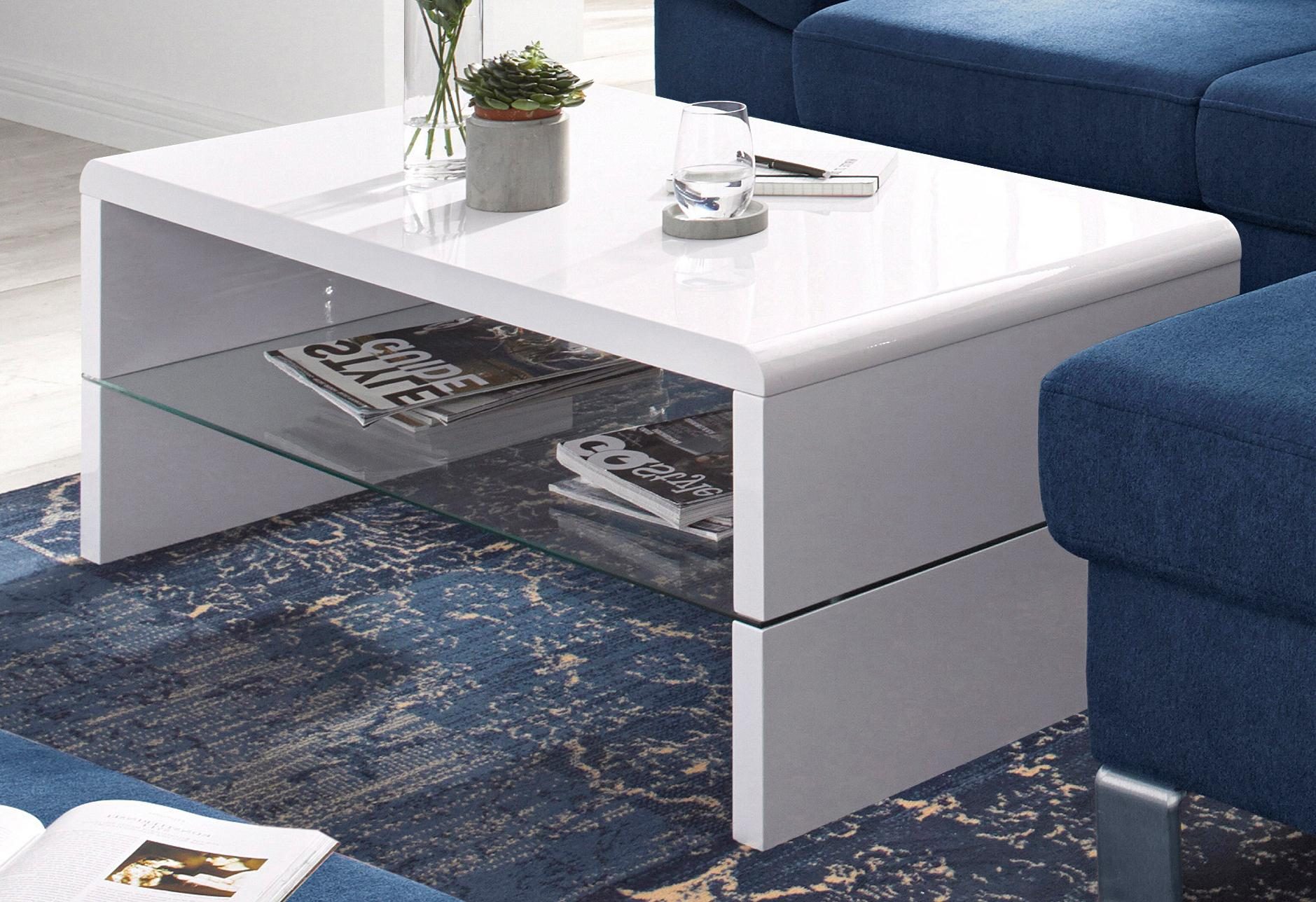 ROOMED Couchtisch mit Klarglasablage in Hochglanz weiß - nur 189,99€