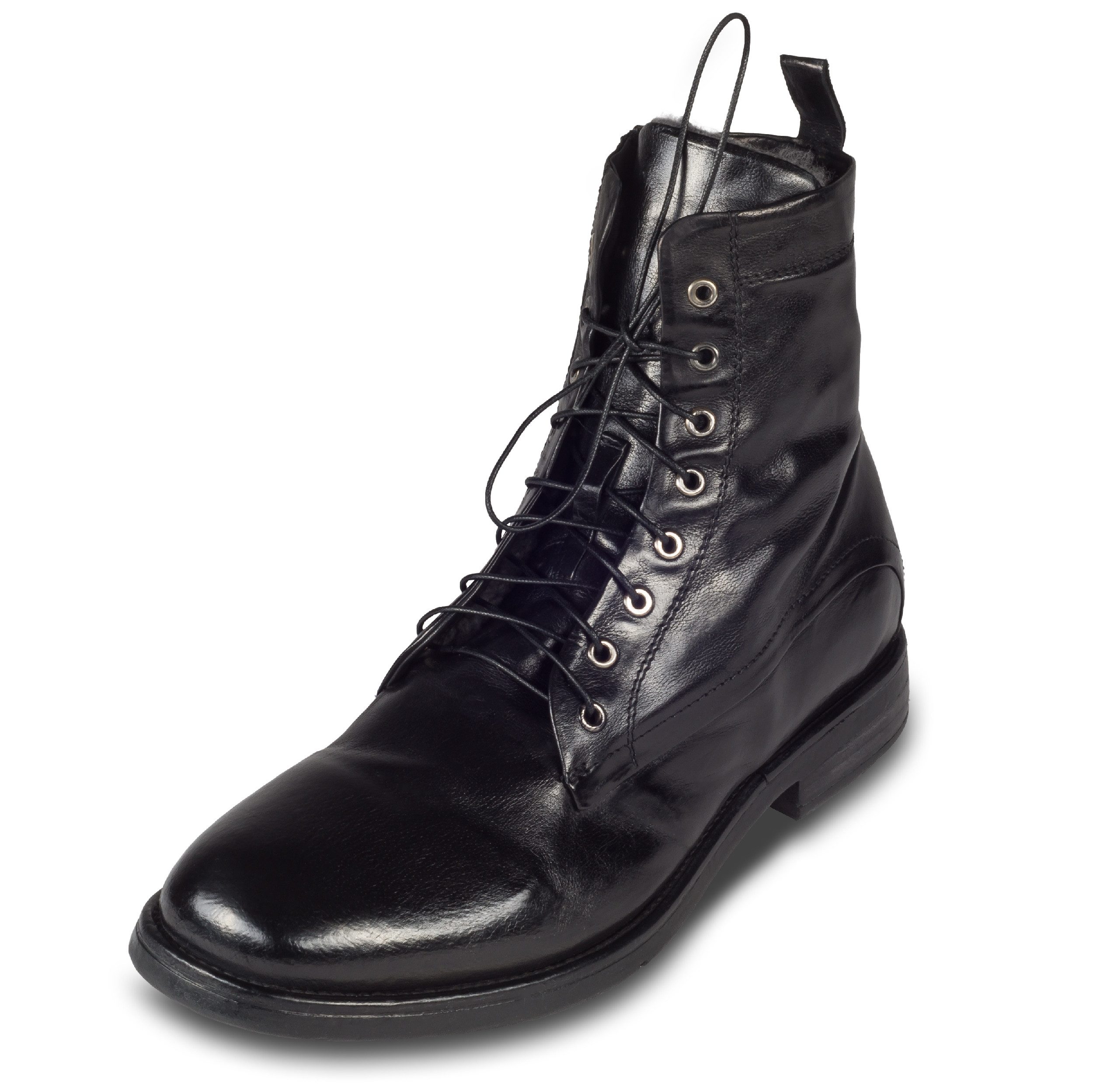 LEMARGO Leder Schnür-Boots schwarz stonewashed, Lammfell, Reißverschluß Stiefelette Handgefertigt in Italien