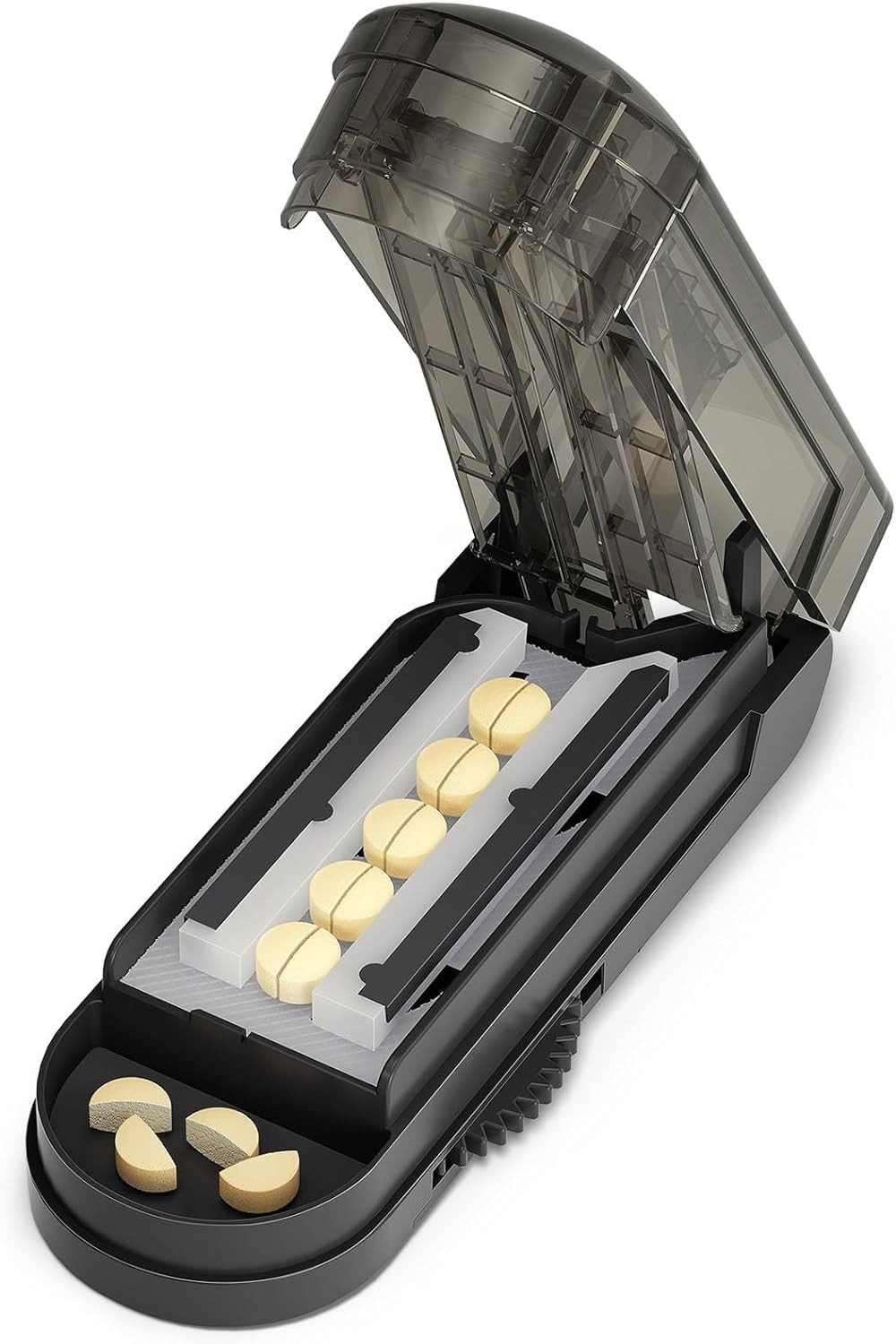 FOUORTUNATE-BEE Verteilerbox Tablettenteiler Edelstahl Pillenschneider für mehrere Tabletten, Pillenteiler mit einstellbaren Fächern Tablettenschneider Schwarz