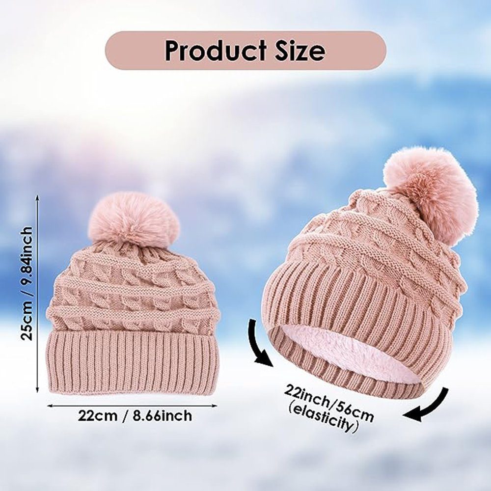 Beanie Gefütterte Wollmützen Pom Hüte Haiaveng Damen Pom,Winter Thermo Kunstpelz mit pink Gestrickte Fleece Bommelmütze Mütze