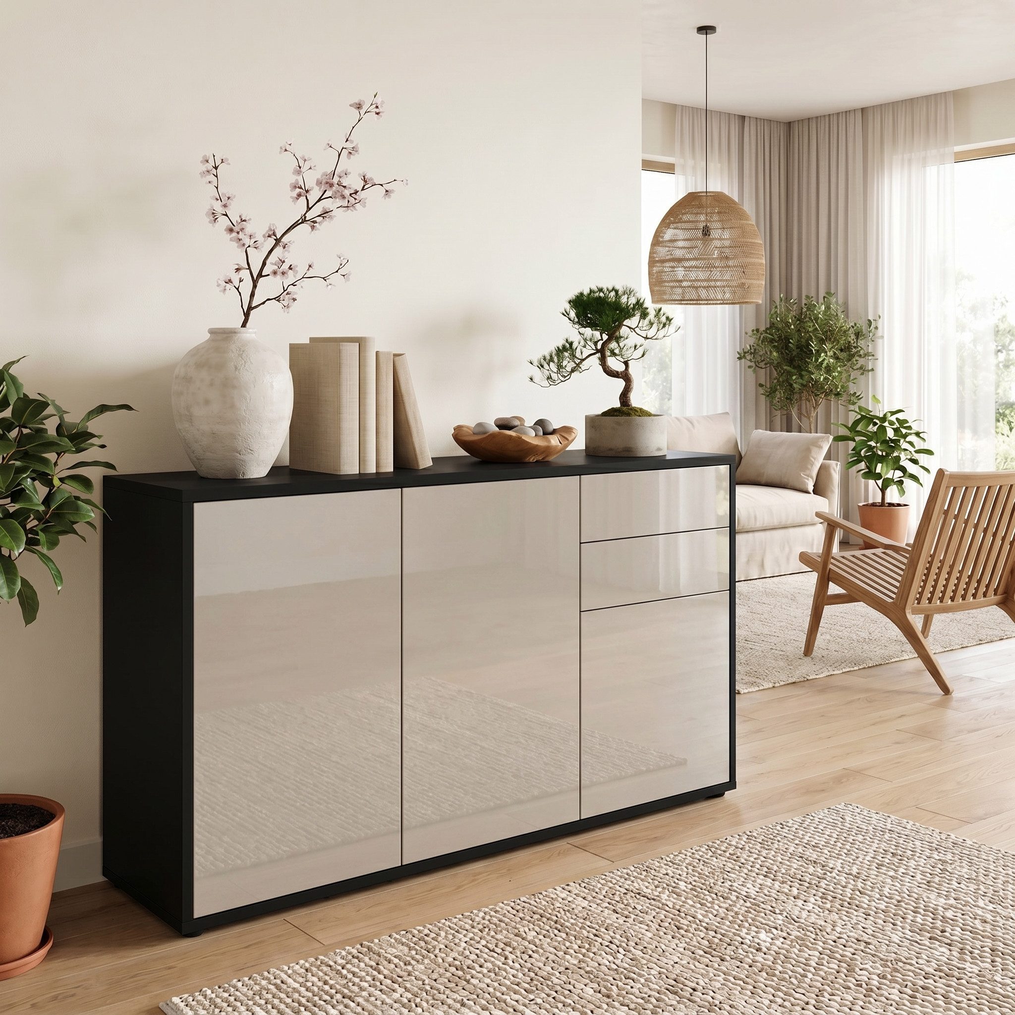 Vladon Kommode Ben V3 (Kommode, mit 3 Türen und 2 Schubladen), Schwarz matt/Sandgrau Hochglanz (117 x 74 x 36 cm)