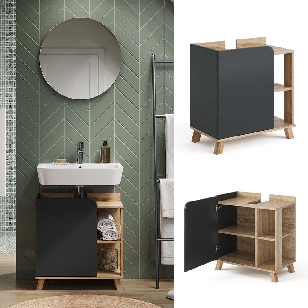Vicco Waschbeckenunterschrank Karen, Sonoma/Anthrazit, 60 x 65 cm mit Tür und offenen Fächern (1-St) – Bild 2 von 5