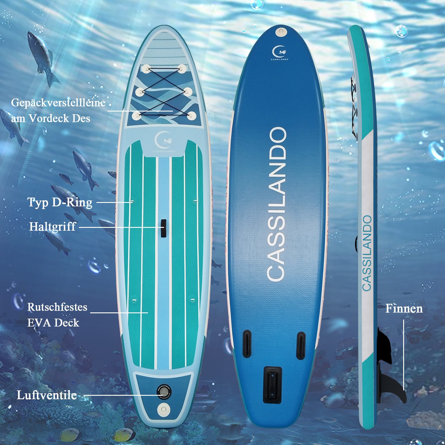 CASSILANDO SUP-Board Aufblasbares SUP-Board 335 x 84 cm mit 220 kg Belastbarkeit, (Set, Hand pumpe, Verstellbares Paddel, Sicherheitsgurt, Reparatursatz, Rucksa – Bild 3 von 5