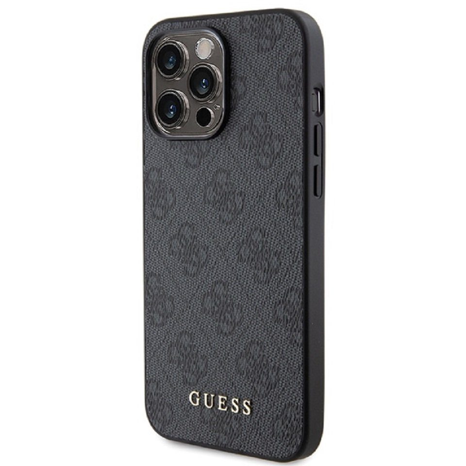 Guess Handyhülle Case iPhone 15 Pro Max Kunstleder grau mit goldfarbenen Logo 6,7 Zoll, Kantenschutz
