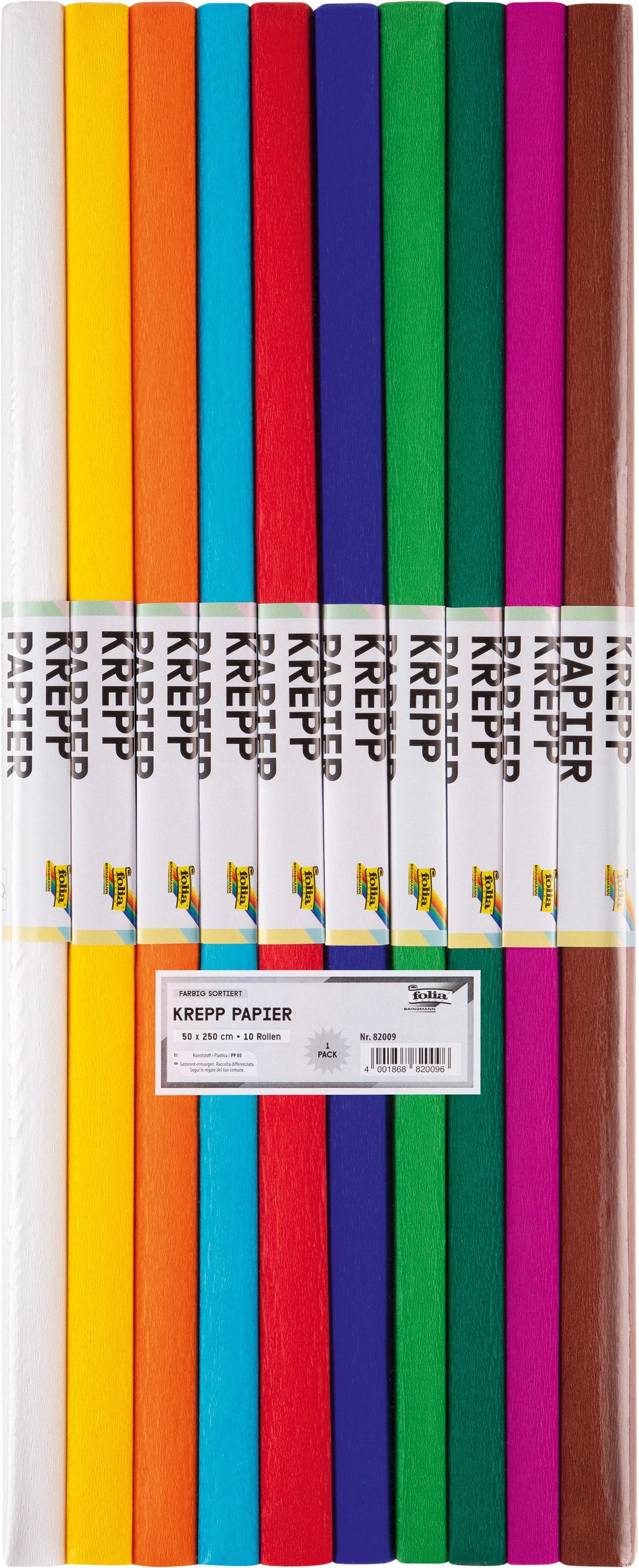 Folia Bastelkartonpapier Krepppapier, farbig sortiert, 10 Rollen