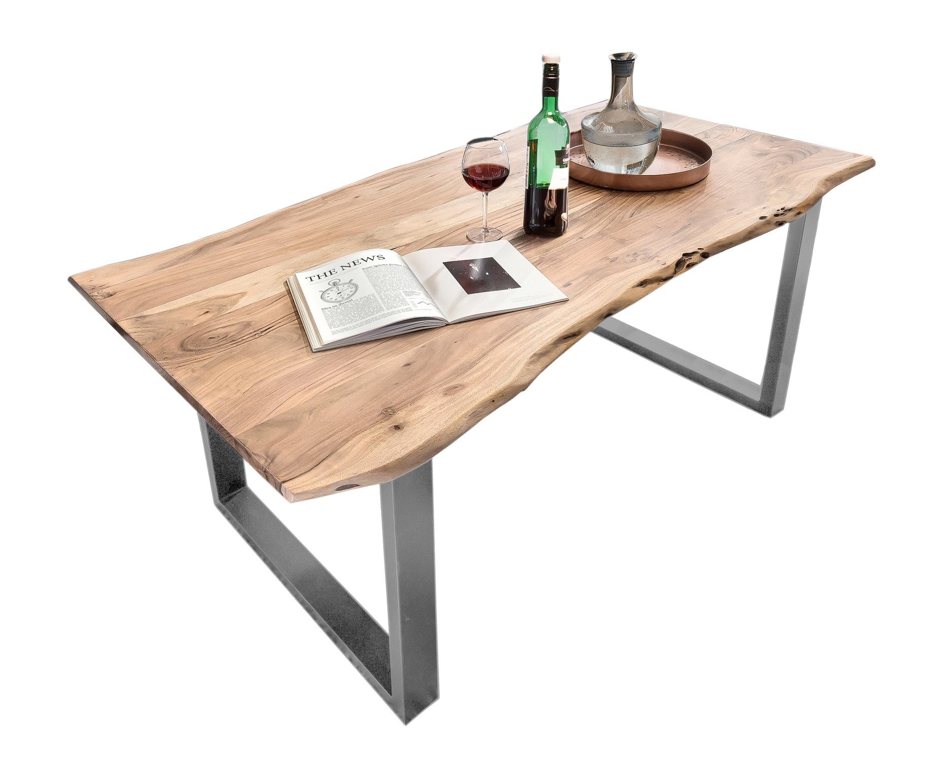 TPFLiving Baumkantentisch Artemis - Platte Akazie, Gestell Stahl (mit Baumkante wie gewachsen - Platte natur, Gestell silber, Baumkantentisch - Desinger Tisch Luxus - Esstisch massiv), Plattenstärke 36 mm - Baumkantentisch 160x85cm