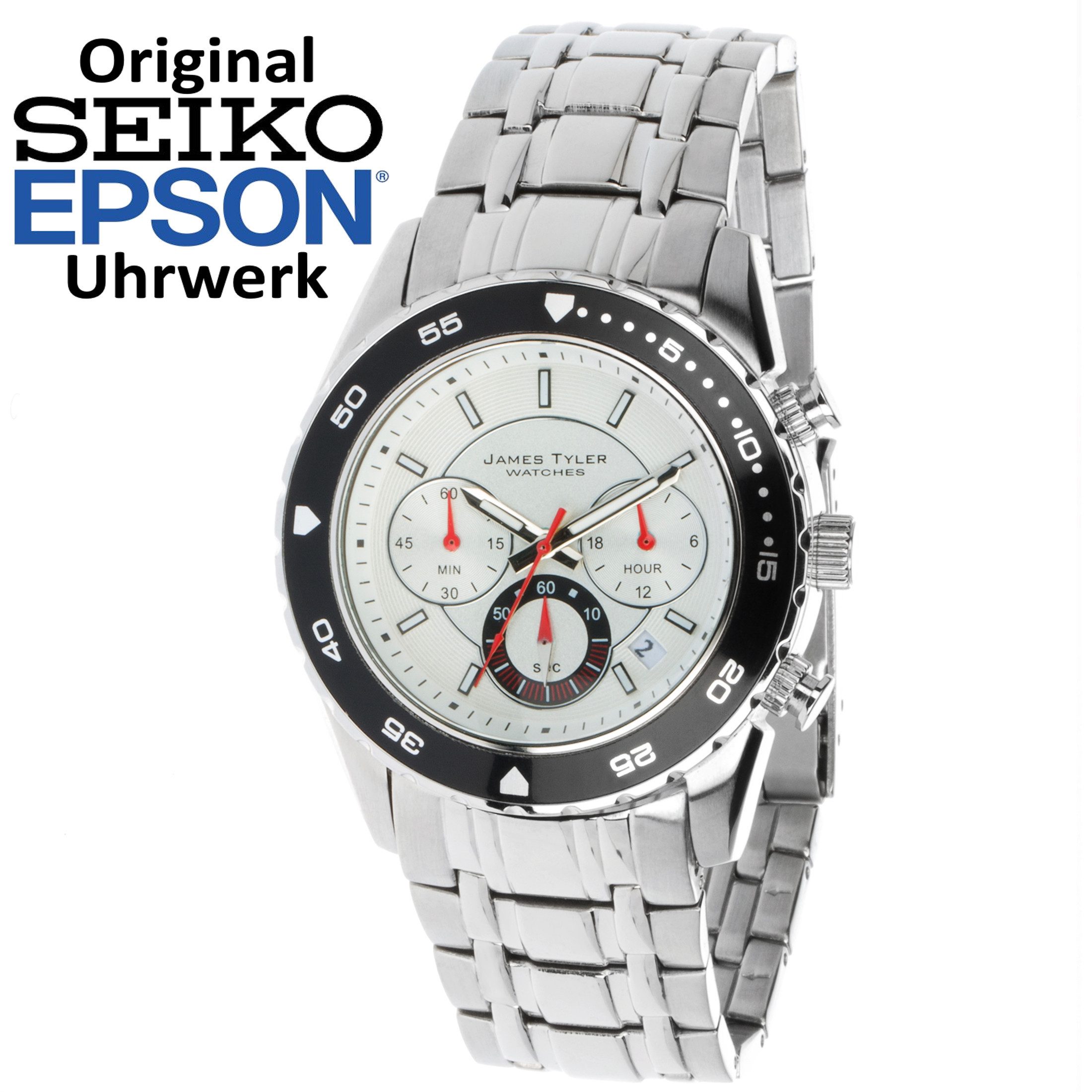 James Tyler Quarzuhr BLACK FRIDAY JT-704-1 Herrenuhr Mit Original SEIKO EPSON Uhrwerk, (1-tlg), Stopuhr, Datumsanzeige (Tag) Fluoreszierende Zeiger