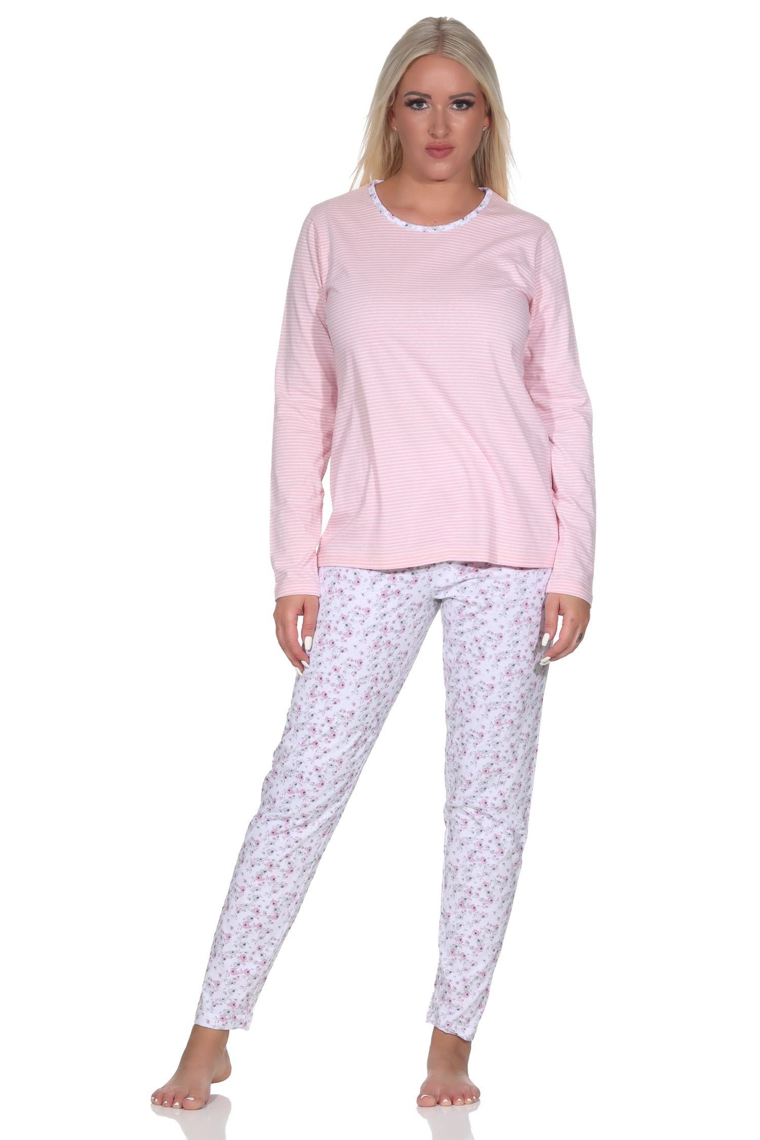 Normann Pyjama Verspielter Damen langarm Schlafanzug in tollem floralen Muster rosa