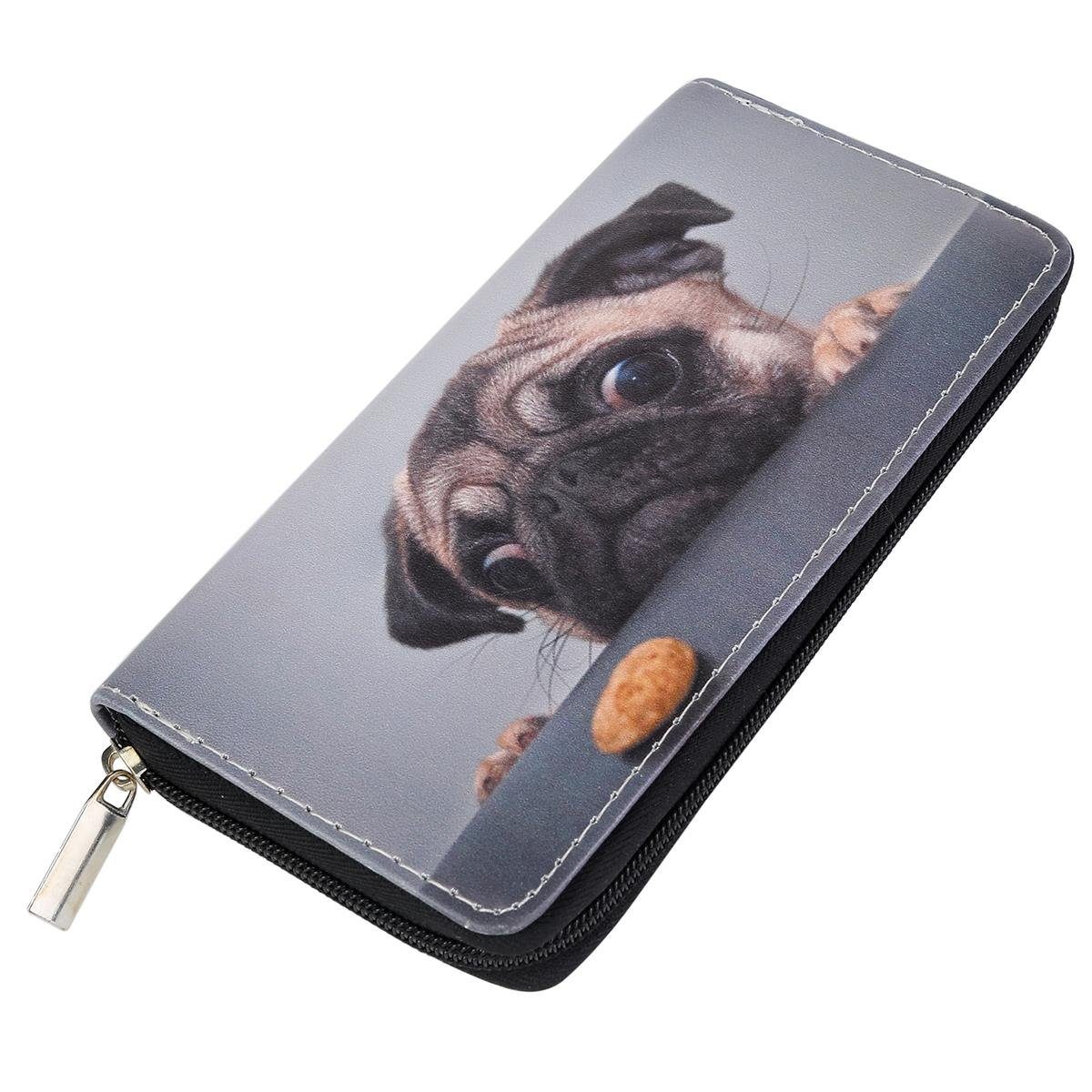 DonDon Geldbörse Geldbeutel Portemonnaie Muster Katze Hund (1-tlg), Geldbörse für Damen und Mädchen, verschiedene Motive, mit Reißverschluss mops - Schwarz