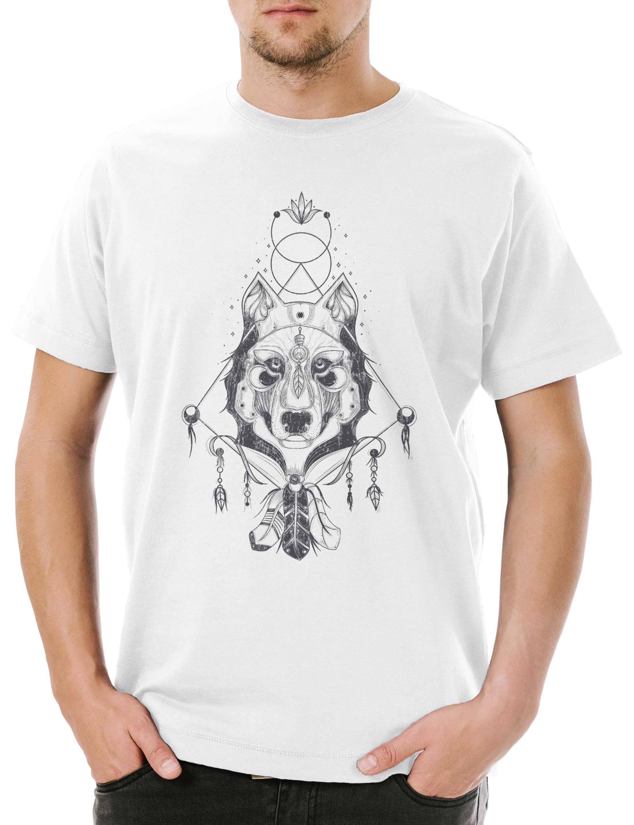 Print-Shirt Indian Wolf & Feathers Herren T-Shirt Native American Häuptling