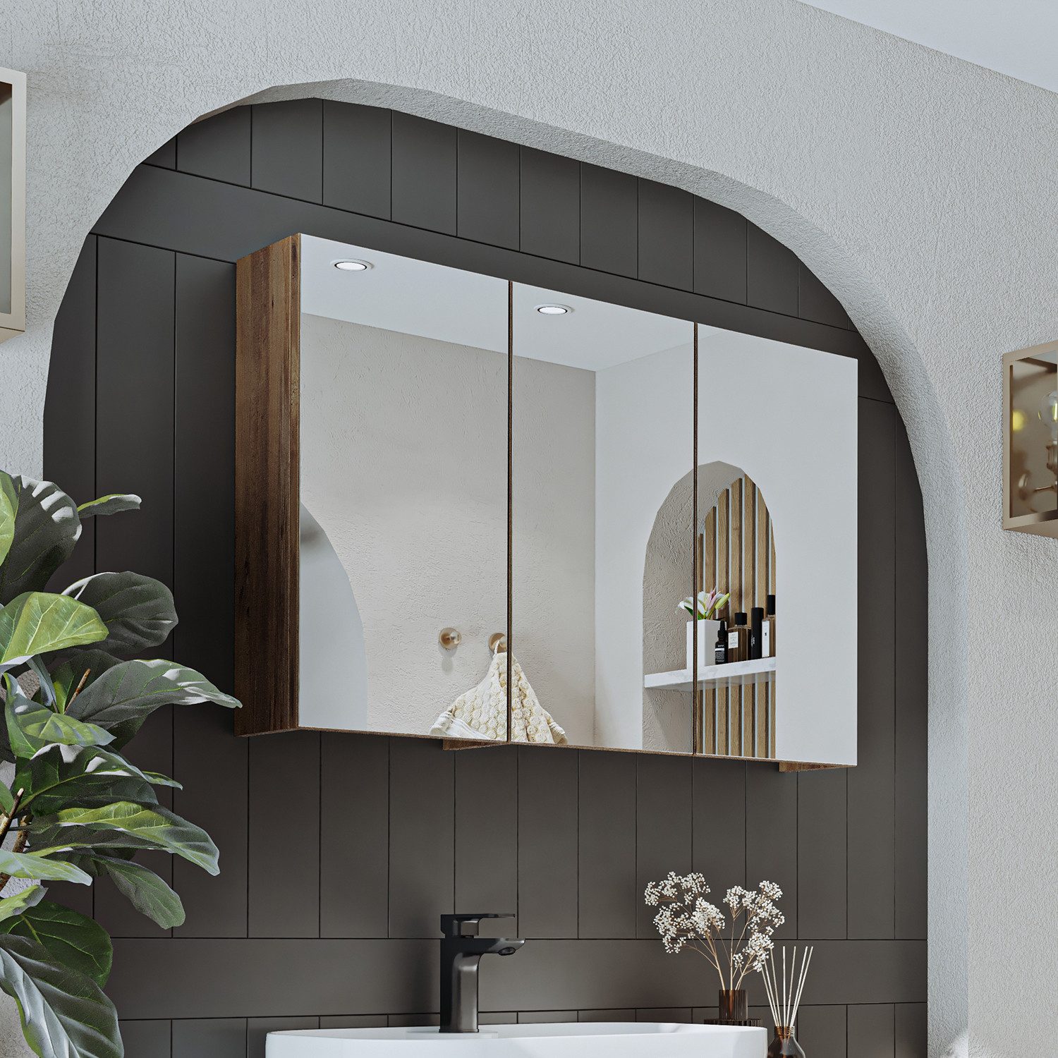 Roomart Badmöbel-Set GUSTO 90 cm, (Komplett-Set, • Waschbecken mit Unterschrank • Spiegelschrank • Seitenschrank), • Weiß • Eiche