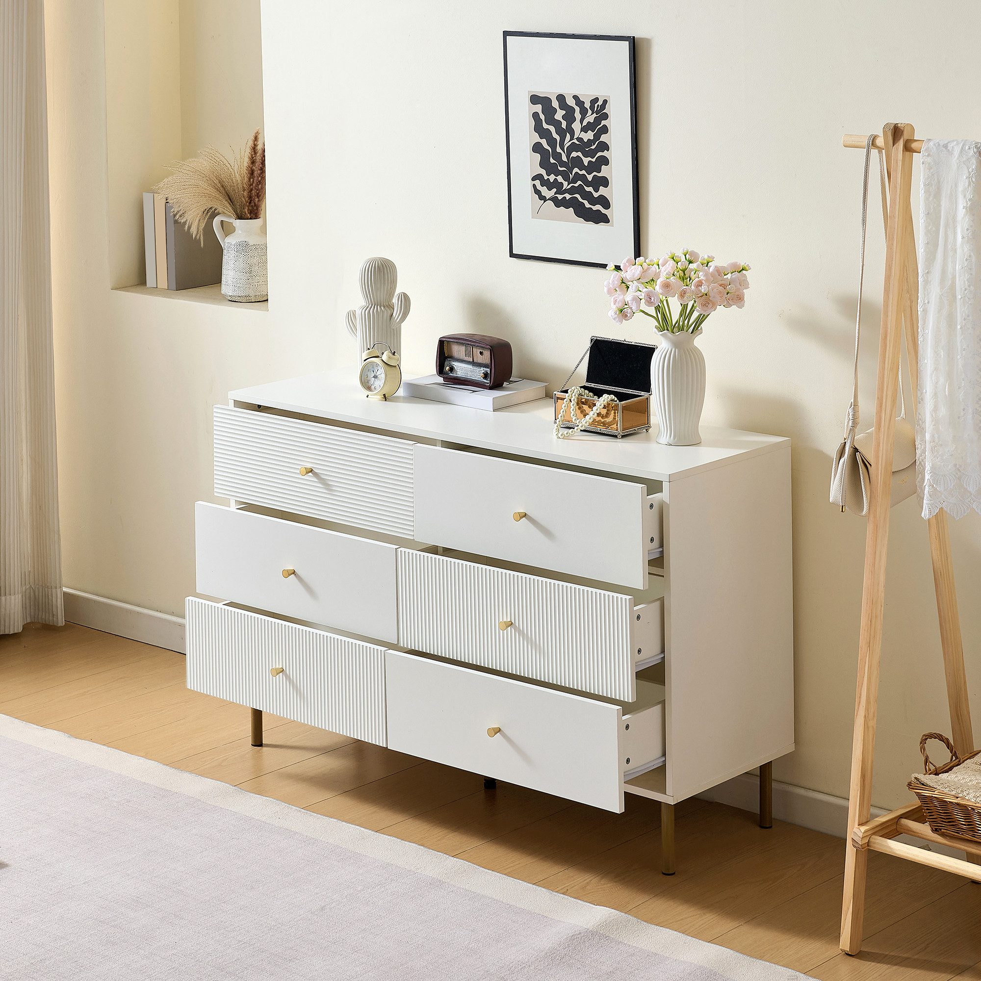Merax Kommode mit Zinklegierung-Griffen & Stahlbeinen (1 St., 120×78×40 cm), Sideboard mit 6 Schubladen,Buffetschrank Anrichte Aufbewahrungsschrank