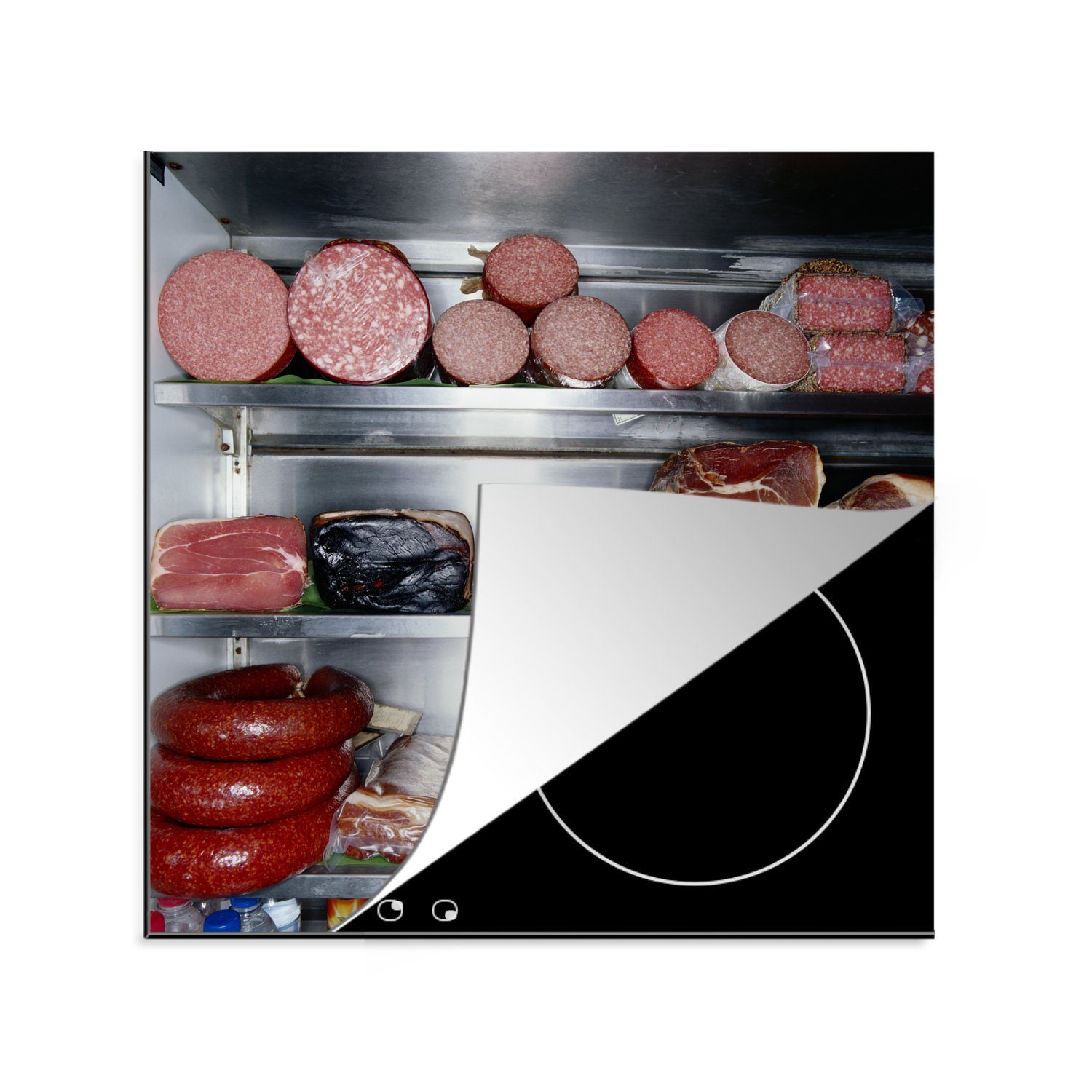 MuchoWow Herdblende-/Abdeckplatte Ein Kühlschrank voller Delikatessen aus der Metzgerei, Vinyl, (1 tlg), 78x78 cm, Ceranfeldabdeckung, Arbeitsplatte für küche