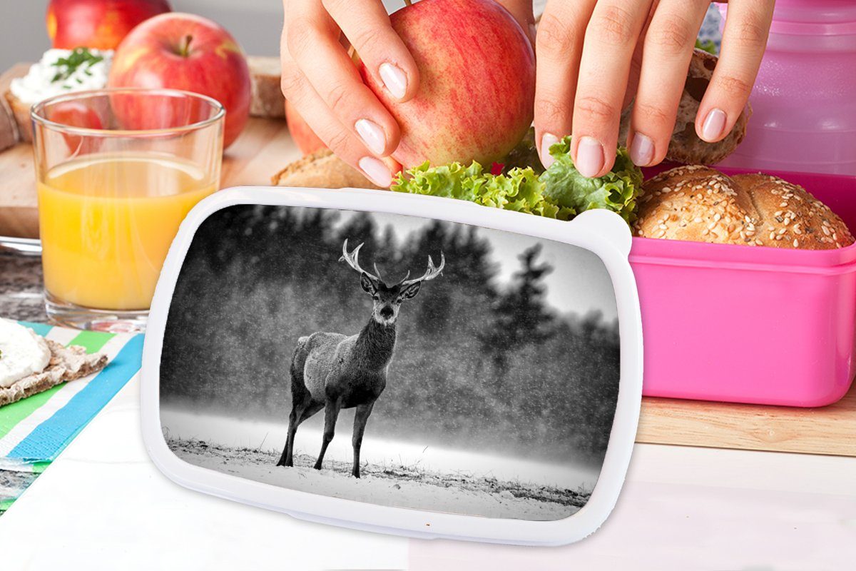 MuchoWow Lunchbox - Erwachsene, Weiß, Kunststoff, Hirsche - Brotbox - für Tiere Brotdose rosa Kinder, Schwarz (2-tlg), Kunststoff - Snackbox, Winter Mädchen
