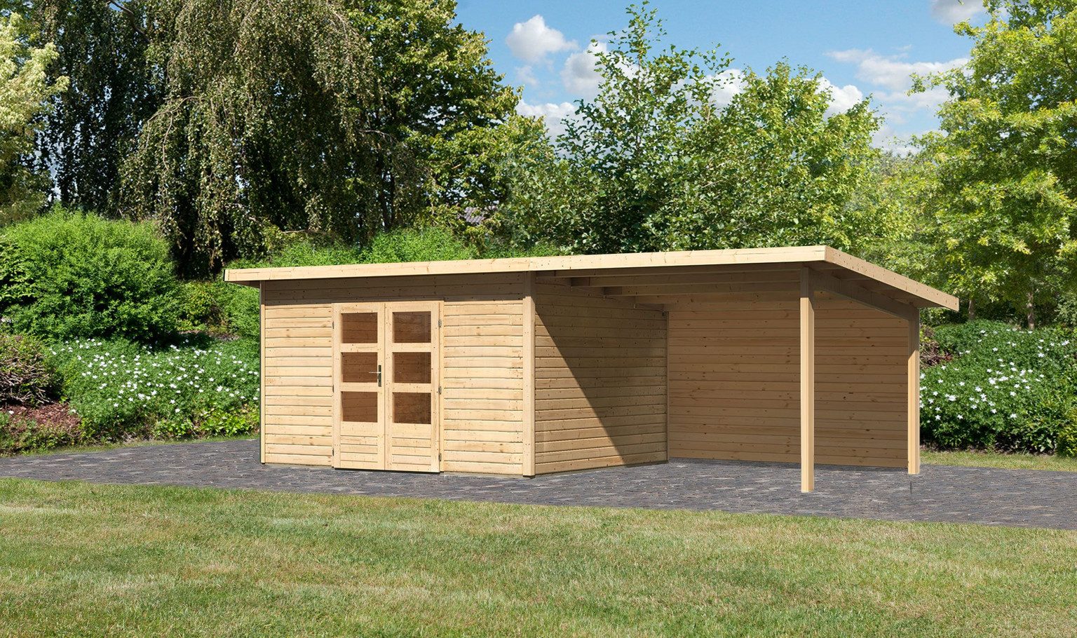 Karibu Gartenhaus Karibu Gartenhaus Northeim, 38 mm, 724 x 332 cm, Typ 4, natur, inkl. 3,3 m Anbaudach mit Rückwand