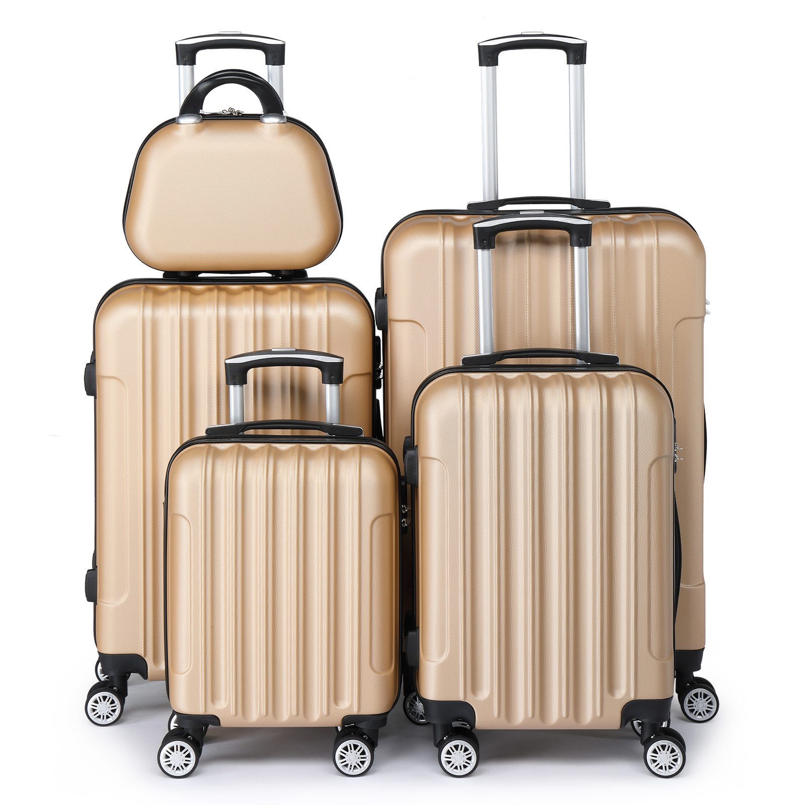 LALAHO Trolley Kofferset Hartschale Reisekoffer, 360° Rollen, 4 Rollen, 5er Set Handgepäck, Koffer, mit Kosmetikkoffer, Champagnergold