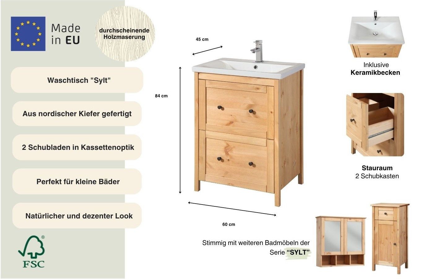 welltime Waschtisch Sylt, Landhaus, Breite 60 cm, aus Massivholz
