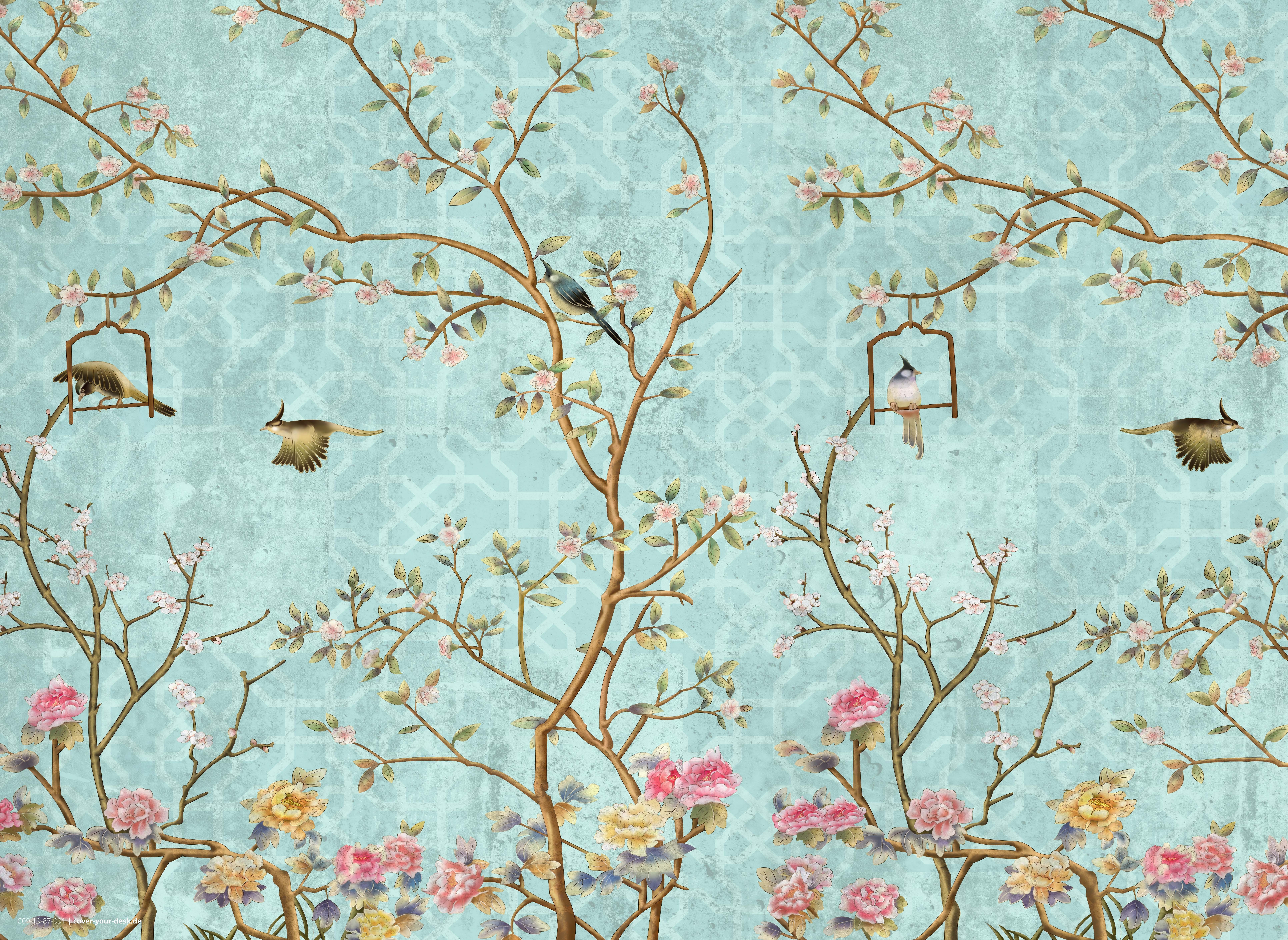 Platzset Tischset, Platzset abwaschbar - Florales Vintage Motiv mit Vögeln - aus erstklassigem Vinyl (Kunststoff - BPA-frei) - 4 Stück - rutschfeste Tischunterlage in zeitlosem Design - Tischmatte - Made in Germany