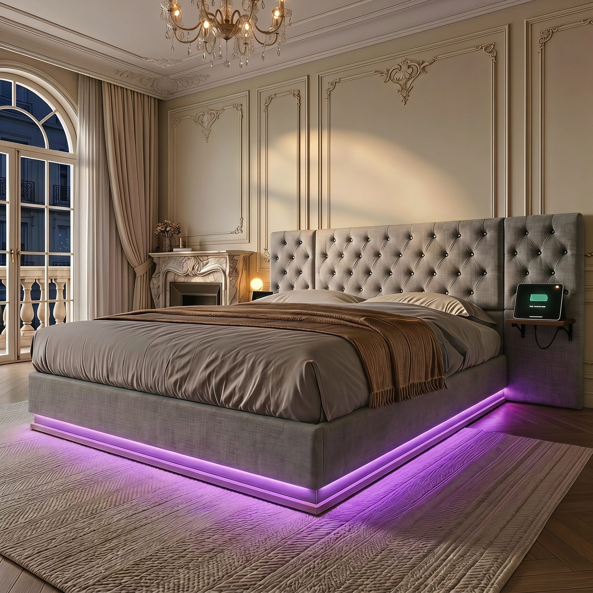PXloue Polsterbett Modernes Polsterbett mit LED-Beleuchtung (Chesterfield-Design), Bettkasten, Ladefunktion, Leinen, 160x200 cm