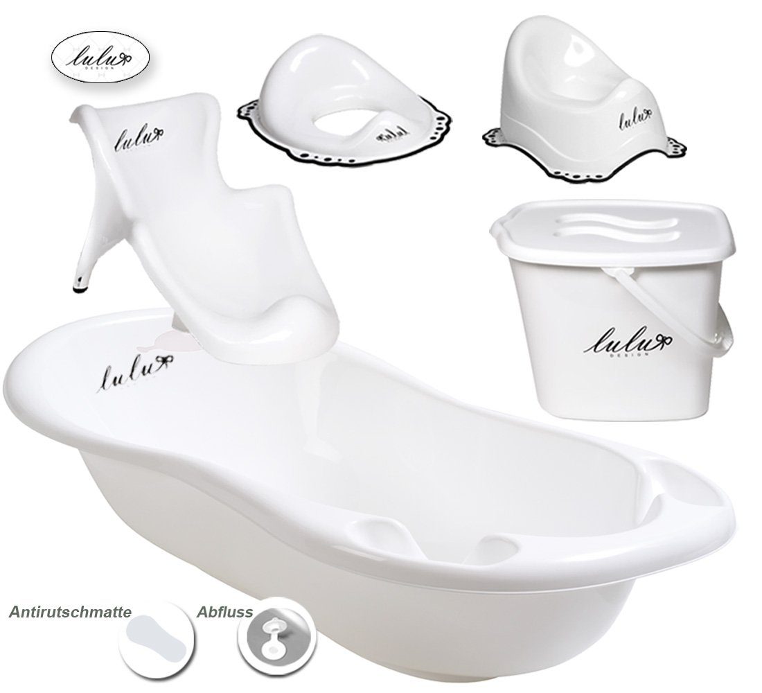 Maltex Babybadewanne 5 Teile SET - LULU Weiß - Badeset Baby Wanne 84 cm, (Premium.set 5 tlg Made in Europe), = WANNE + BADESITZ + TÖPFCHEN + WC AUFSATZ + WINDELEIMER