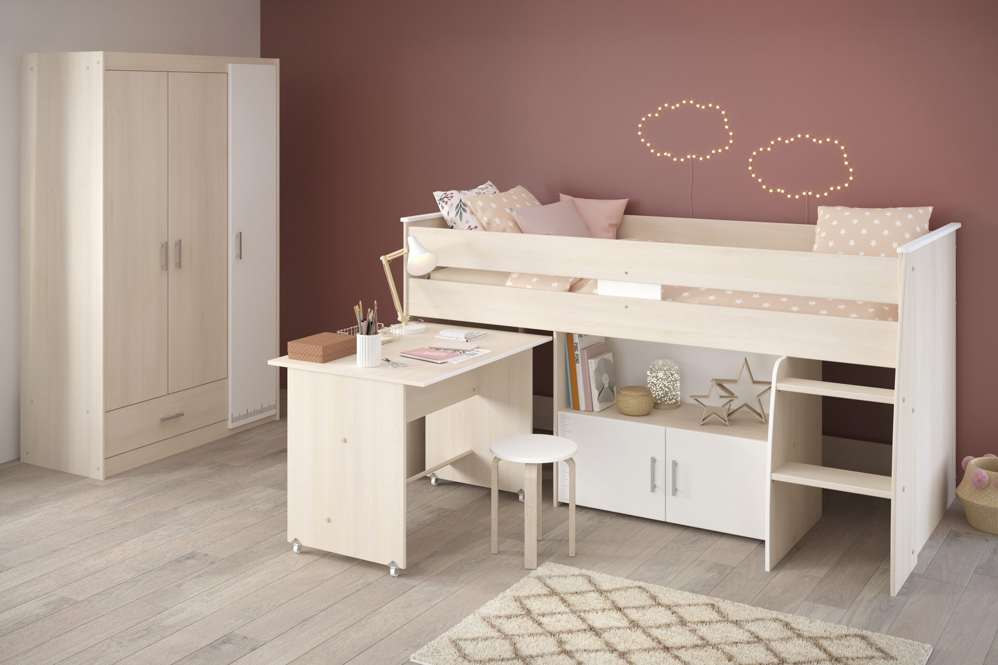 Parisot Jugendzimmer-Set Charly 6, Funktion-Hochbett und Kleiderschrnak in Akazie Dekor / Weiß