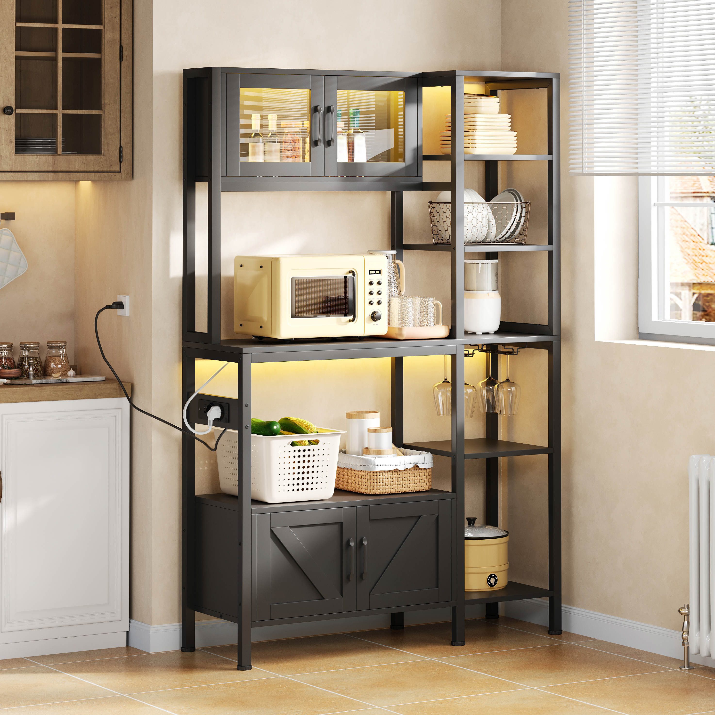 BlingBin Standregal Backregal Küchenregal Küchenschrank Mikrowellenregal, 1-tlg., mit Steckdose, LED-Beleuchtung, Weinglashalter, 115L×40B×180Hcm