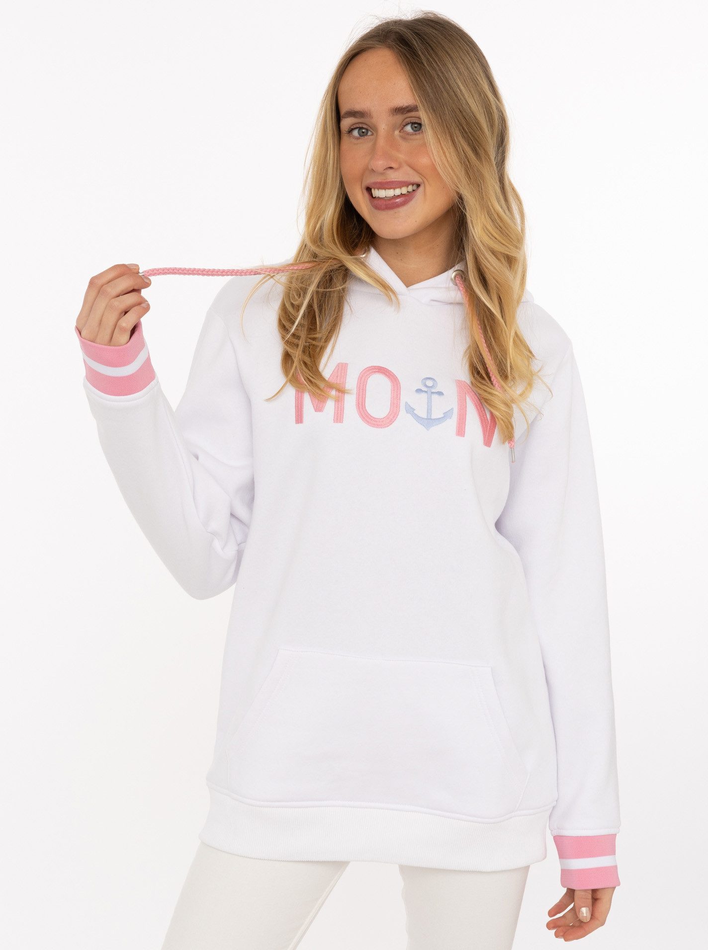 Zwillingsherz Hoodie "Rahel" mit "MOIN" und Anker Stickerei, kontrastfarbigen Ärmelbündchen