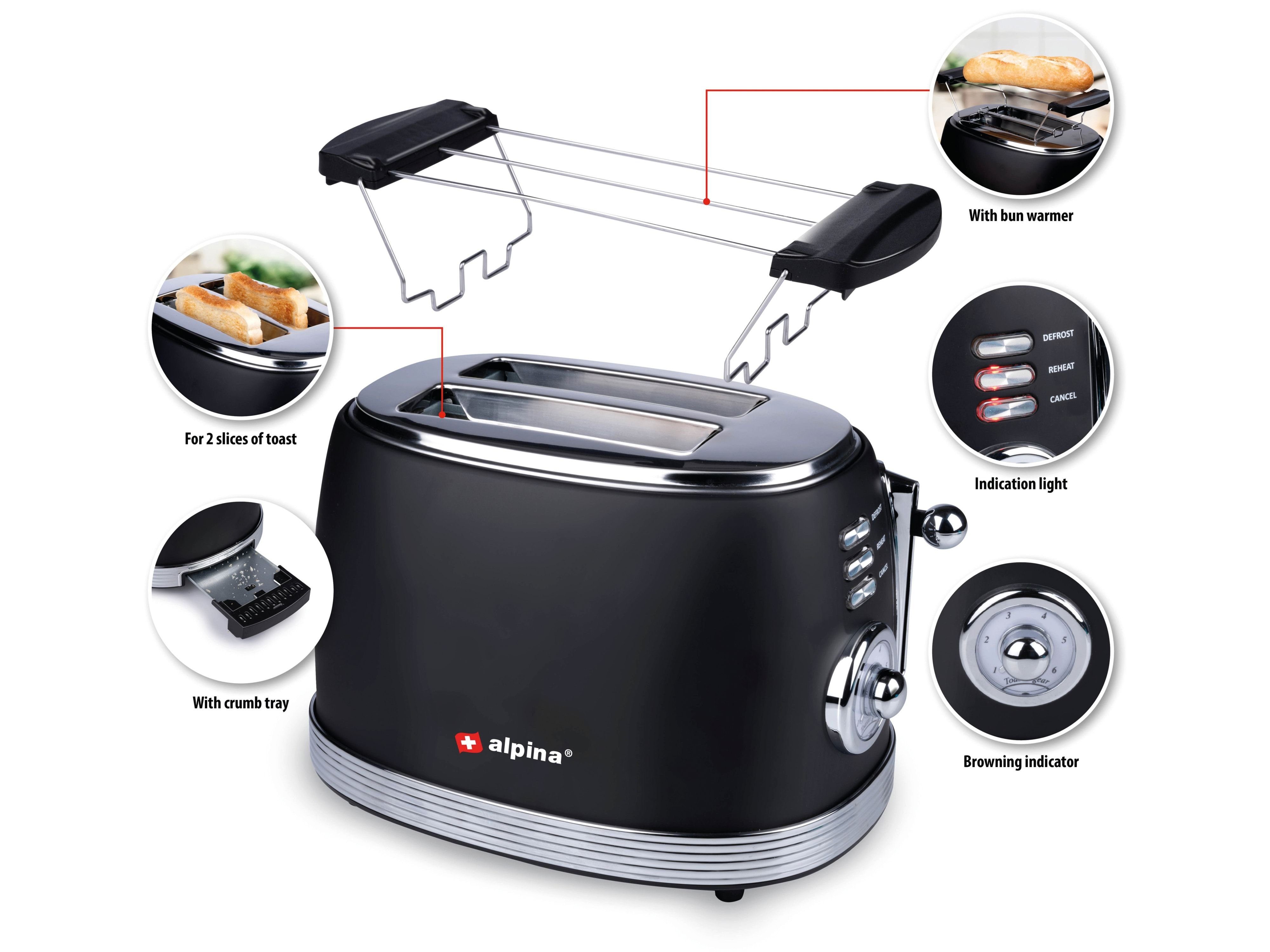 Alpina Toaster ALPINA Toaster, 850 W, schwarz Scheibentoaster, 2