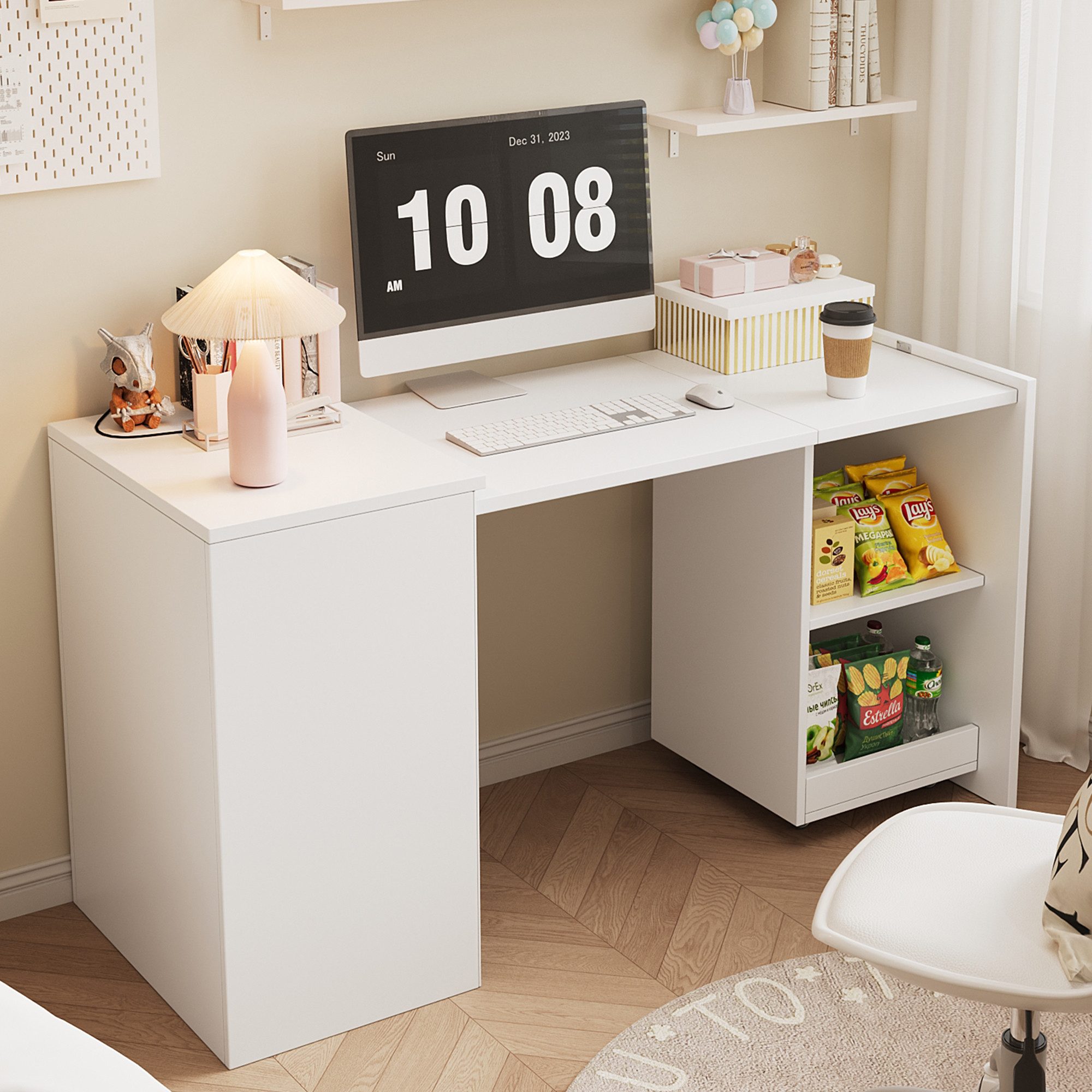 Wildhome Klapptisch Weißes 2-in-1-Schreibtisch-Set mit Stauraum, 126 x 55 x 75 cm (1-St), Flexibel umwandelbar zwischen Schrank & Tisch, aus MDF mit Rollen