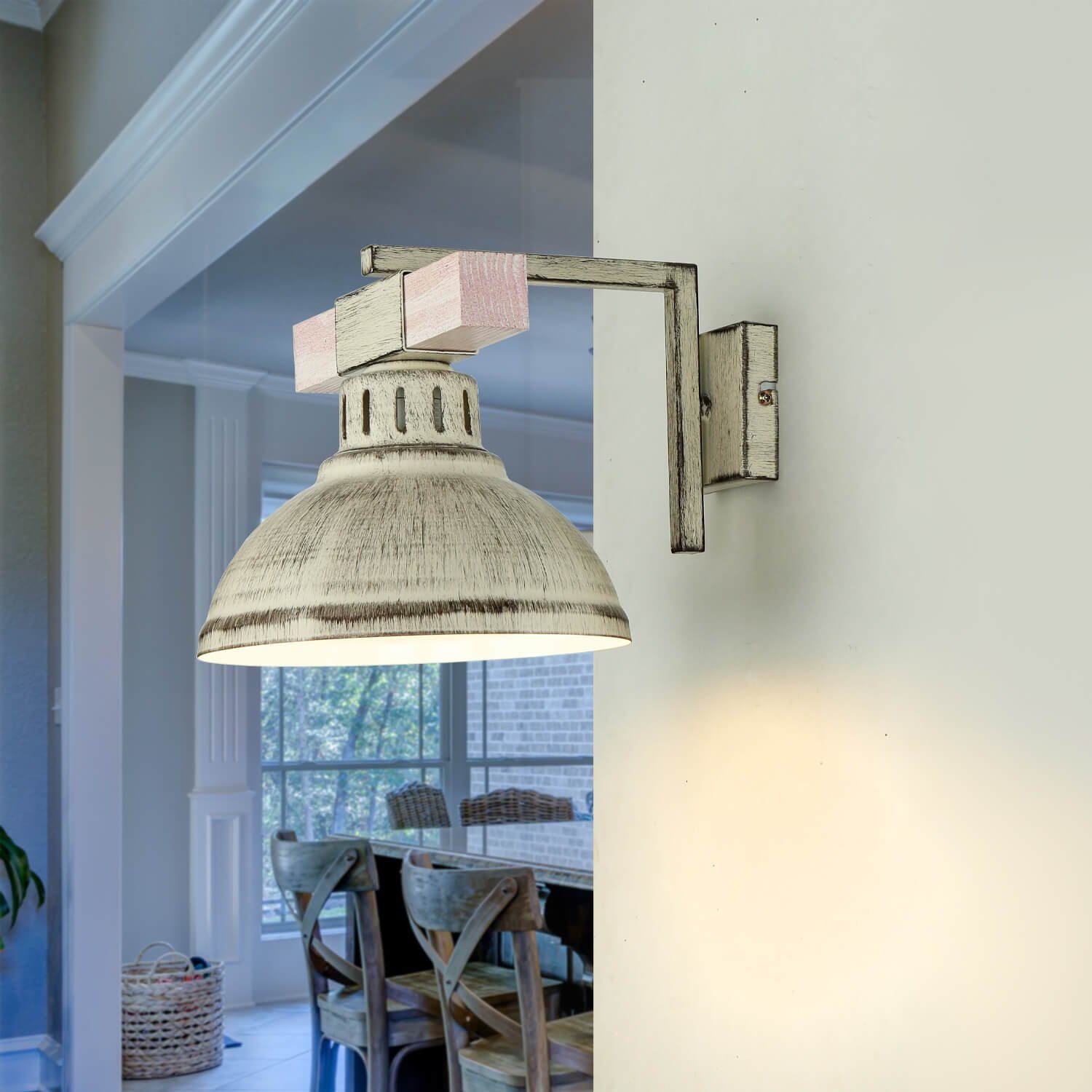 Licht-Erlebnisse Wandleuchte HAKON, ohne Leuchtmittel, Wandlampe Shabby  Weiß Vintage Holz Metall Vintage rustikal Küche Lampe