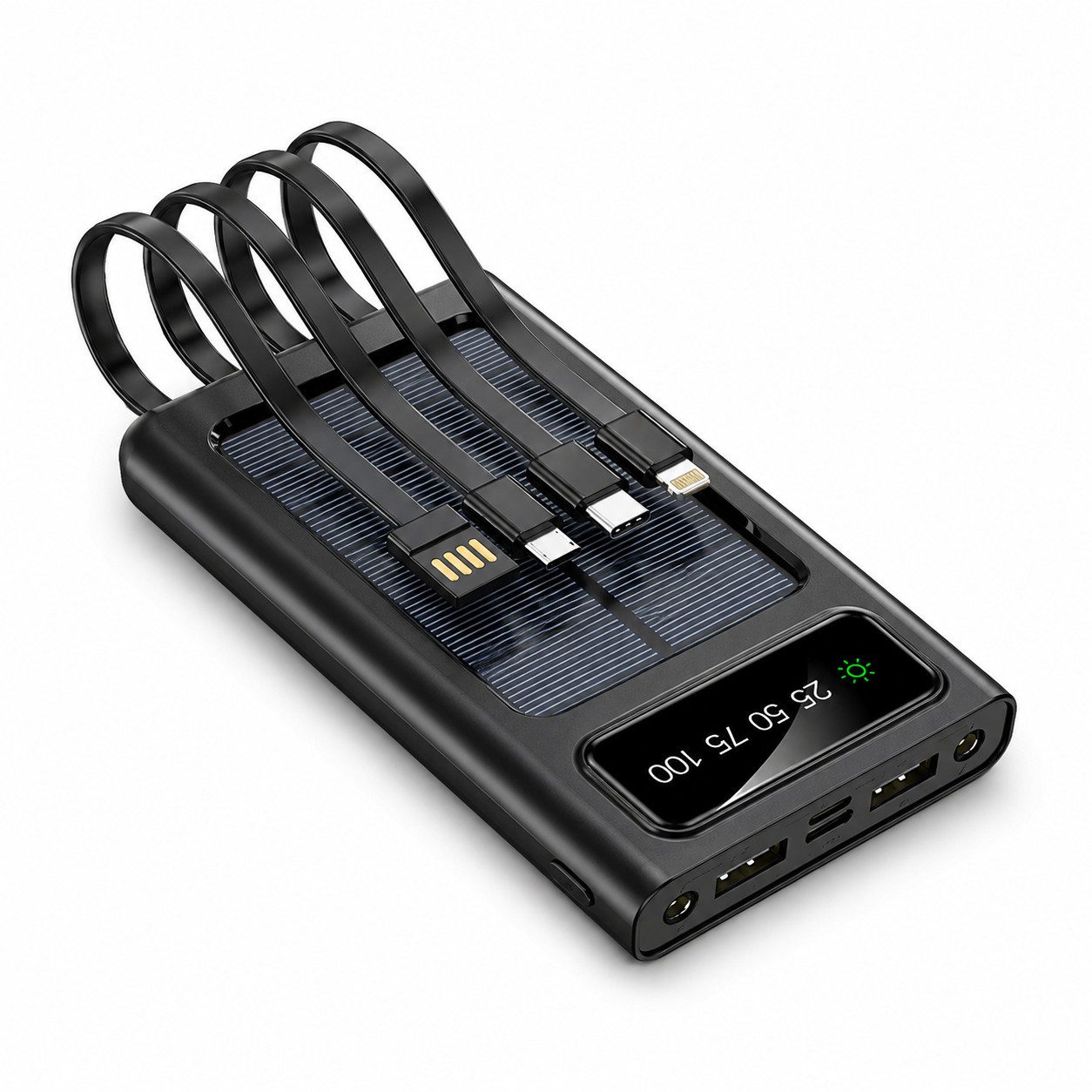 Tekoo Solar-Pro 50 Powerbank Externer Akku 50000 mAh (5 V), Solar-Ladefunktion, 4 integrierte Kabel, intelligenter Schutz