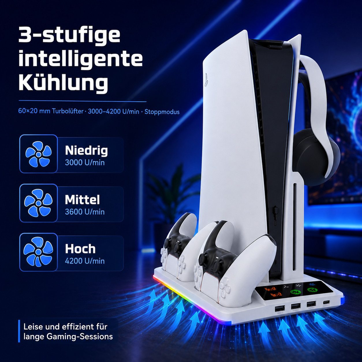 Luckice PlayStation Portal Ladegerät mit Headset- und Fernbedienungshalter Nintendo-Controller (Spar-Set, 1 St., PS5 Controller-Ladestation mit 3 USB-Hubs & RGB – Bild 3 von 5