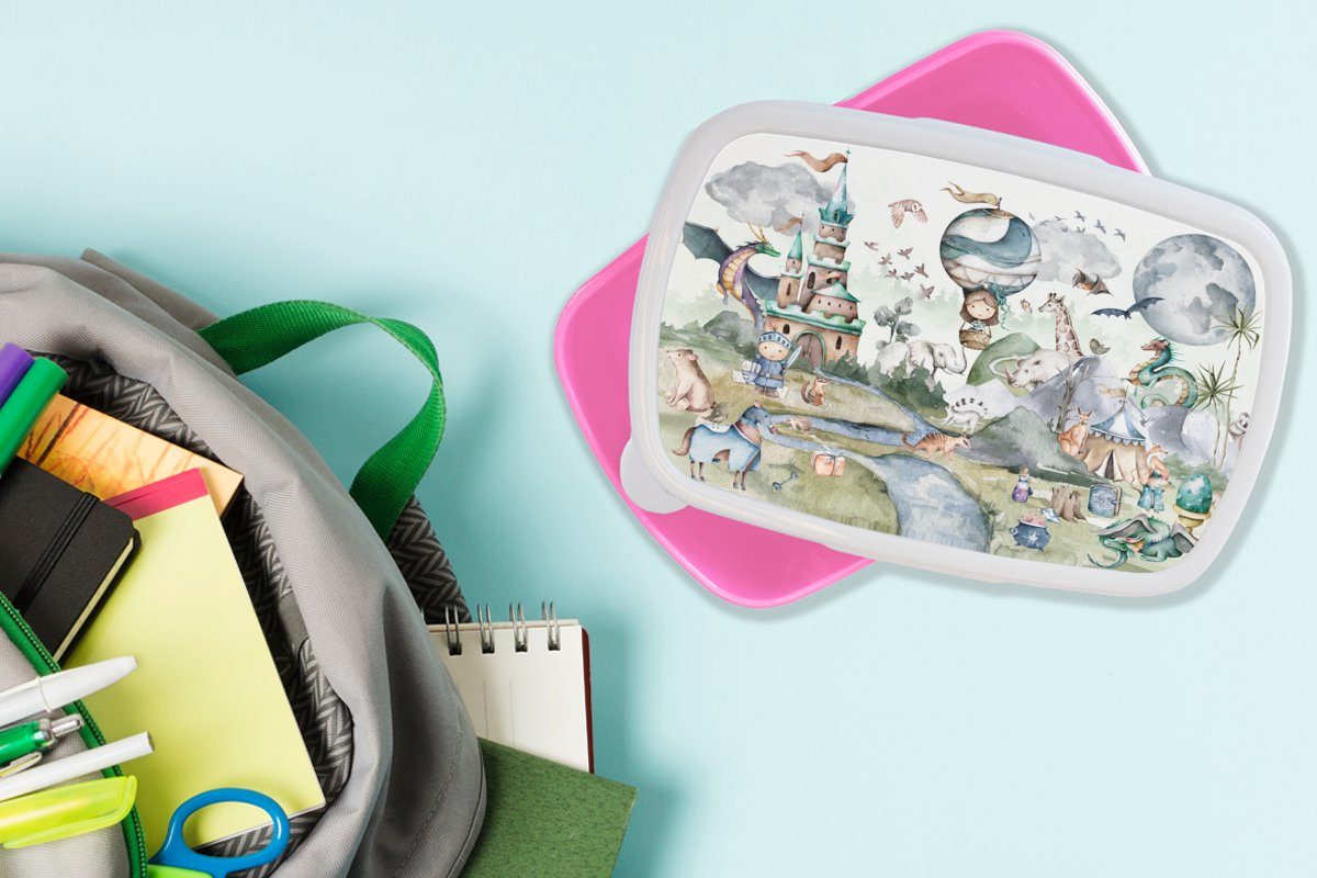Kinder Mädchen, Burg Jungen Brotbox MuchoWow rosa Snackbox, Kunststoff, Kinder, Aquarell, Drache Kunststoff Lunchbox Erwachsene, - (2-tlg), - - Heißluftballon Brotdose für - -