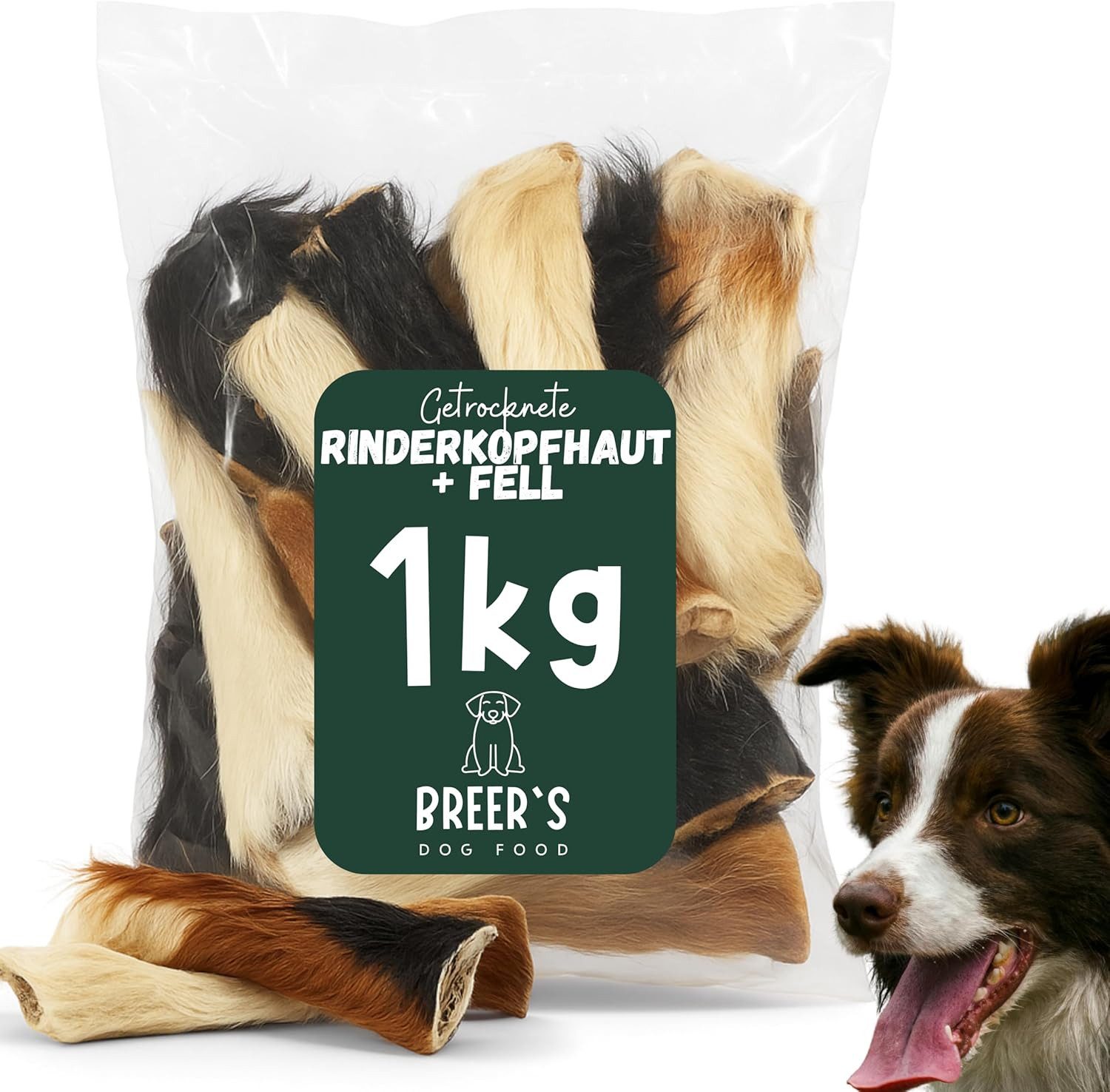 Breers Pet Food Rinderkopfhaut getrocknet mit Fell 1 kg Kausnack Hundeleckerlie, Harter Kauartikel, Leckerli getreidefrei, Hundesnack zuckerfrei