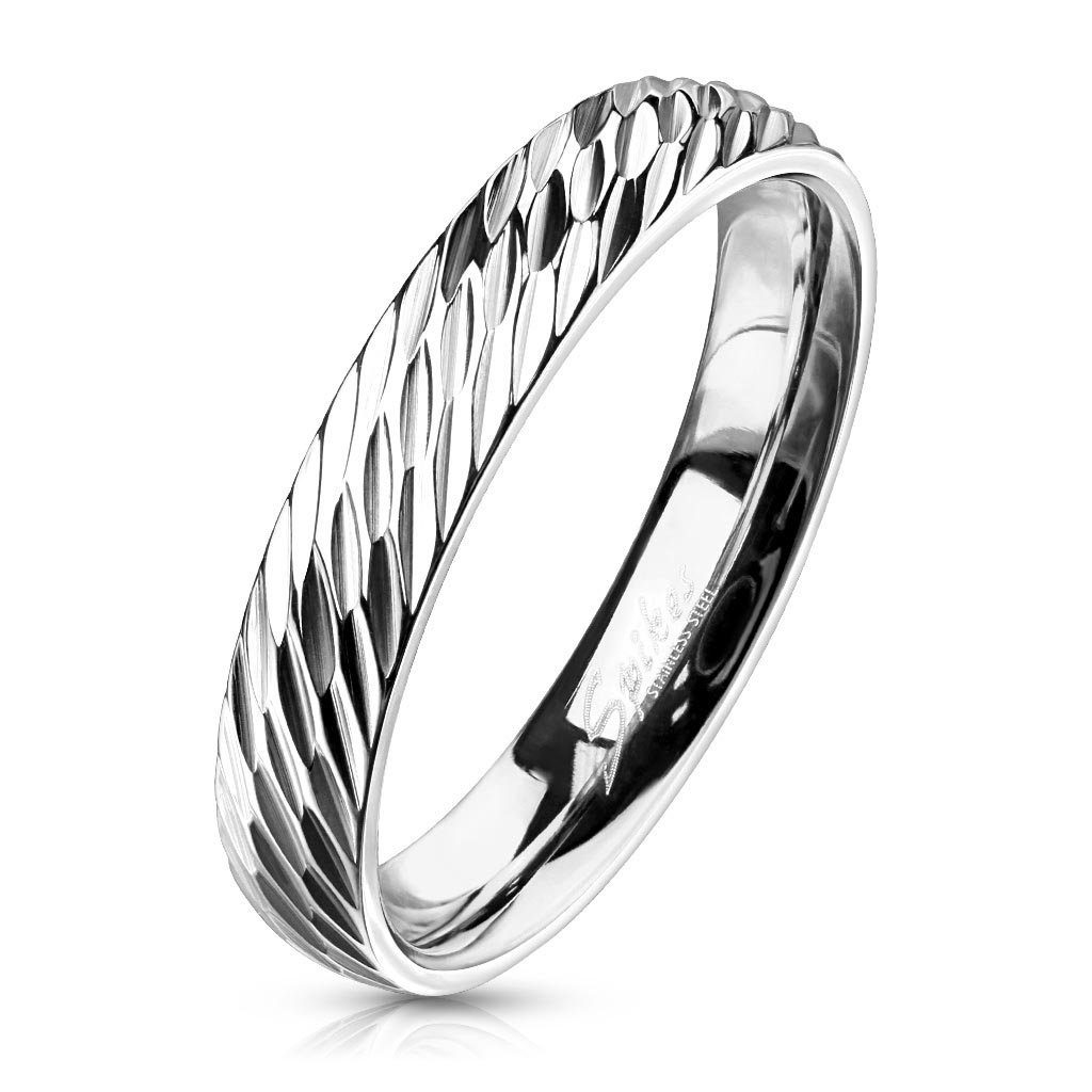 viva-adorno Fingerring Edelstahl Bandring Silber Kerben diagonale Schnitte, Damenring Herrenring Freundschaftsring Partnerring